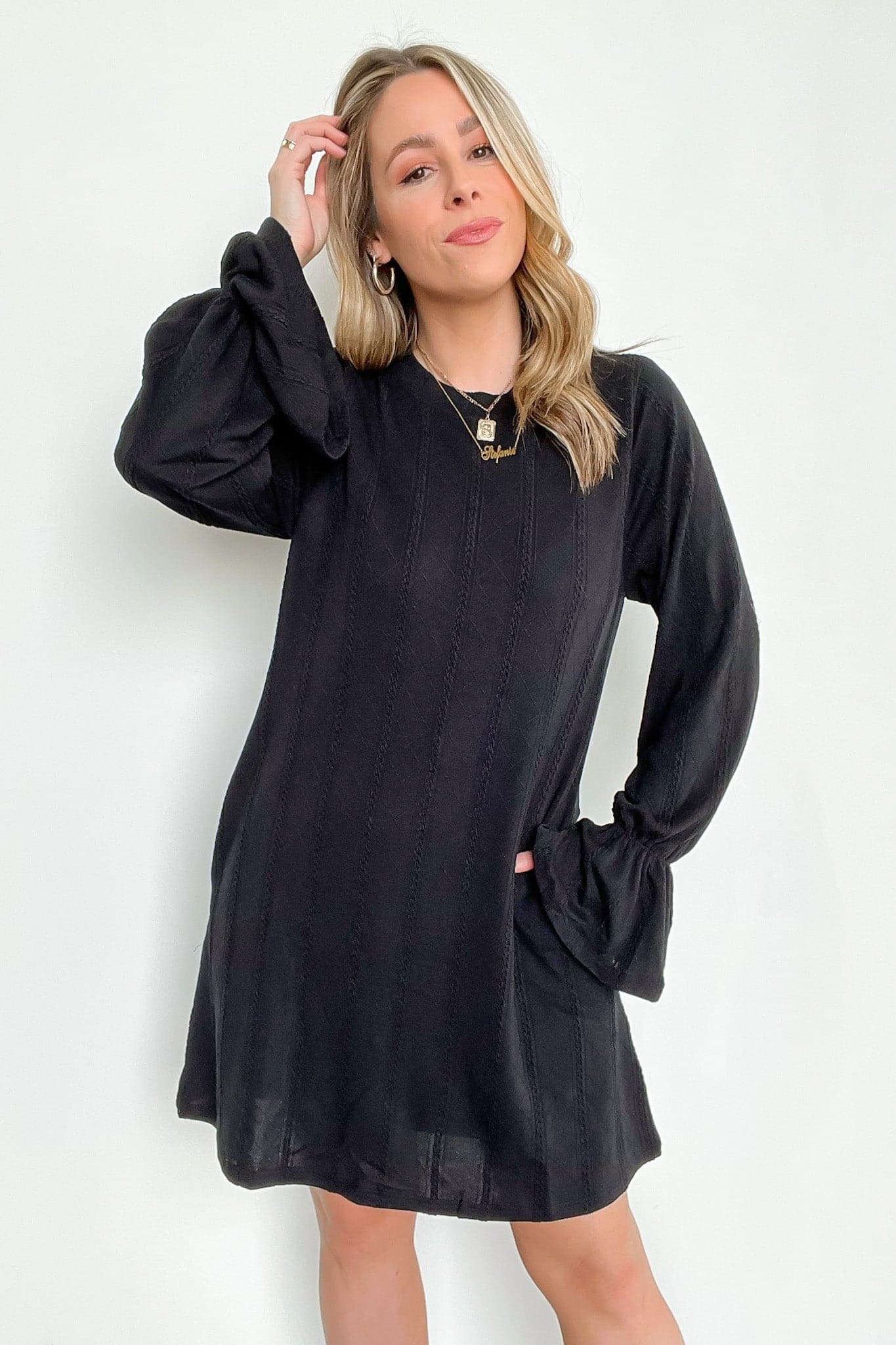 Black / S Call Me Cozy Cable Knit Bell Sleeve Dress - FINAL SALE - Madison and Mallory