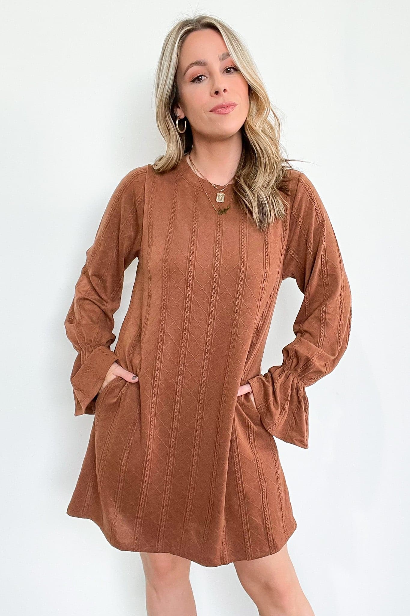 Chocolate / S Call Me Cozy Cable Knit Bell Sleeve Dress - FINAL SALE - Madison and Mallory