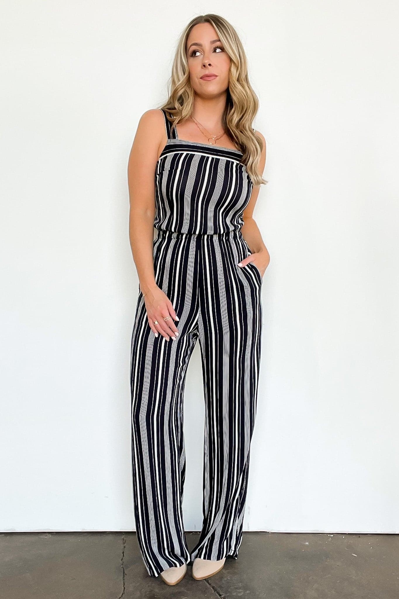 S / Navy Cambre Striped Tie Back Jumpsuit - FINAL SALE - Madison and Mallory