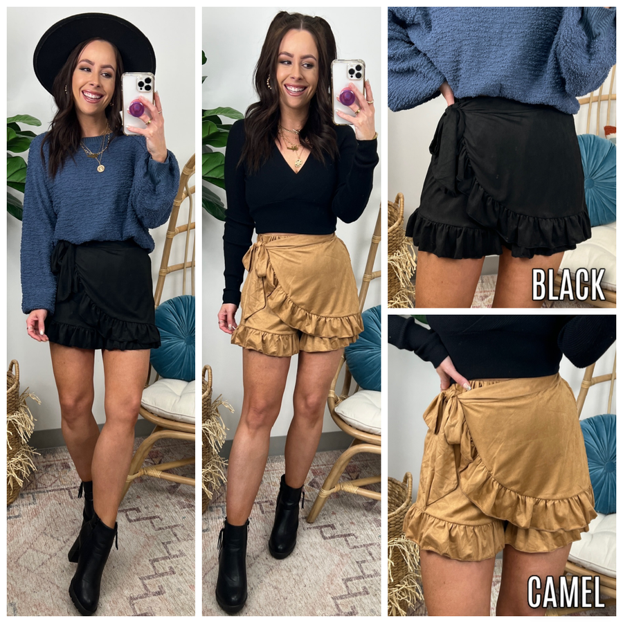 Caydan Ruffle Suede Faux Wrap Skort - FINAL SALE - Madison and Mallory