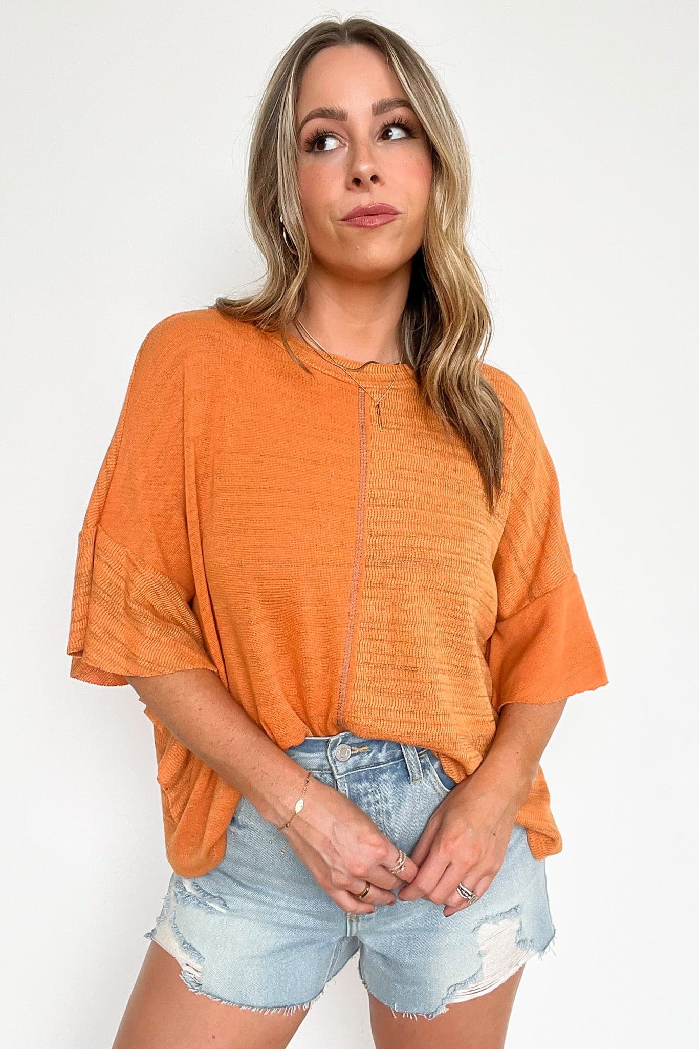 Pumpkin / S Charlyne Contrast Fabric Relaxed Fit Top - FINAL SALE - Madison and Mallory