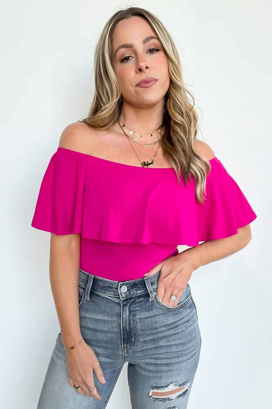 Magenta / S Charmed Away Ruffle Flounce Off Shoulder Bodysuit - BACK IN STOCK - Madison and Mallory