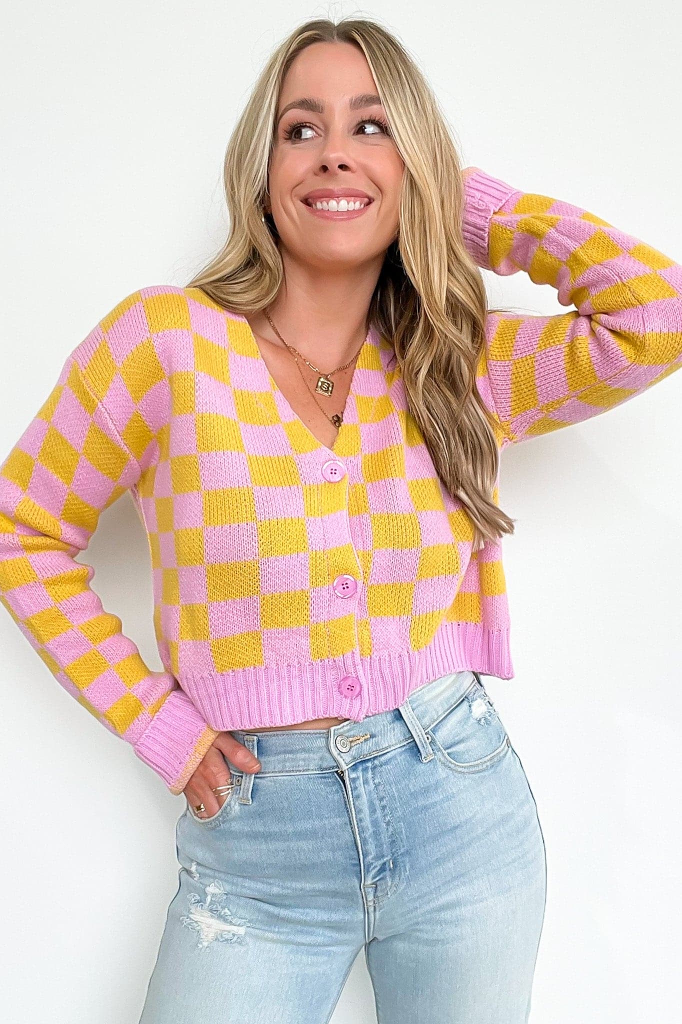 S / Pink Multi Check Yes Button Down Crop Knit Cardigan - FINAL SALE - Madison and Mallory