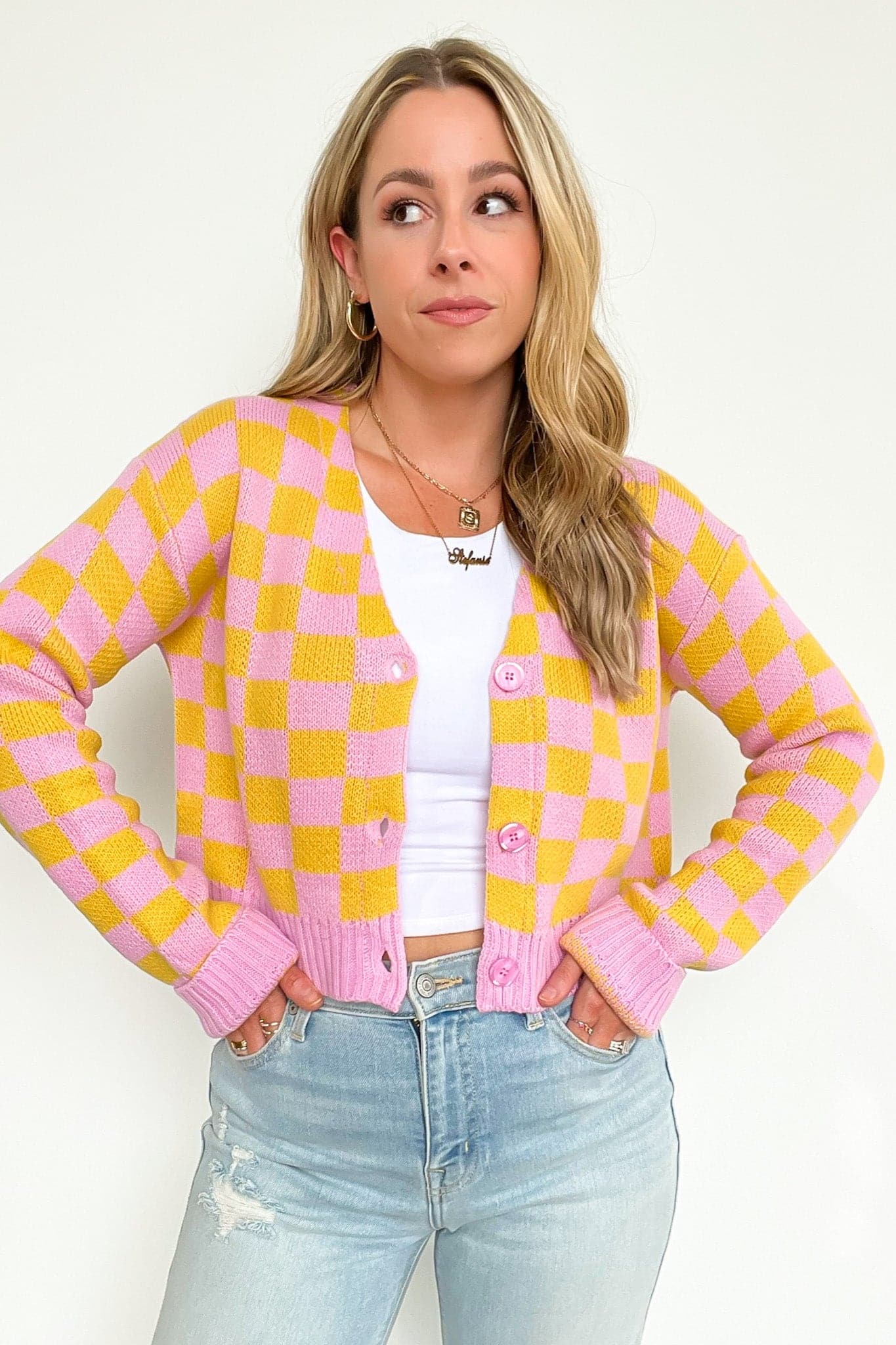  Check Yes Button Down Crop Knit Cardigan - FINAL SALE - Madison and Mallory