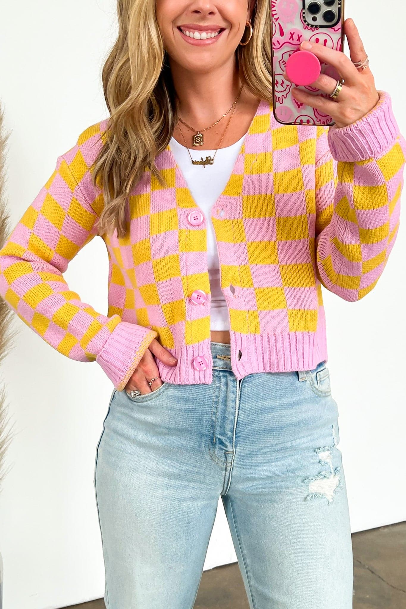  Check Yes Button Down Crop Knit Cardigan - FINAL SALE - Madison and Mallory