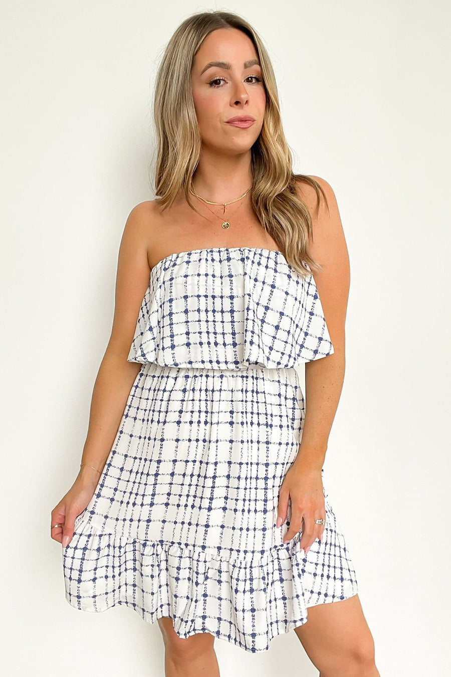 Off White Navy / S Chic Image Plaid Flounce Ruffle Tiered Dress - FINAL SALE - Madison and Mallory