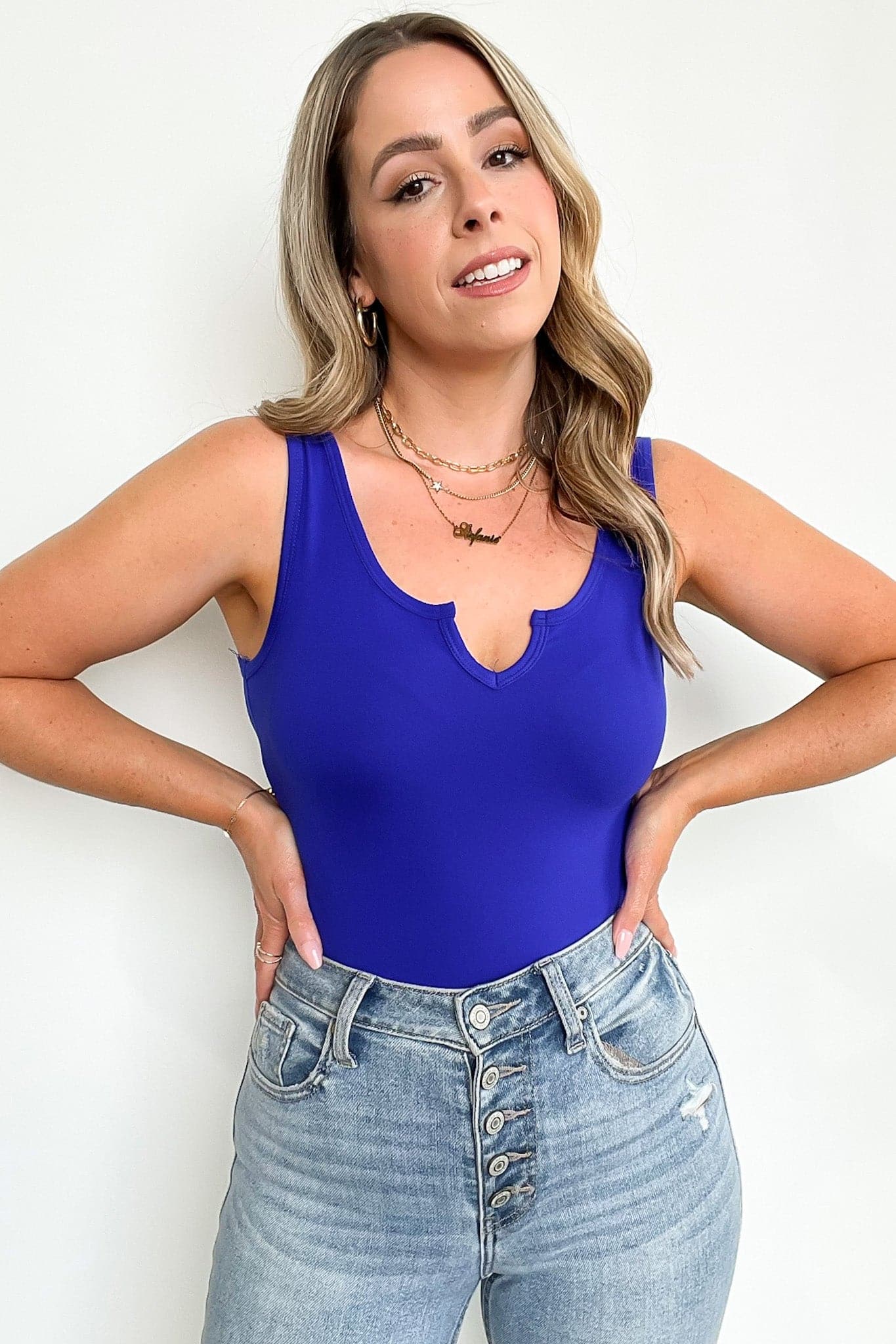Bright Blue / S Clarette Notched Neck Bodysuit - Madison and Mallory