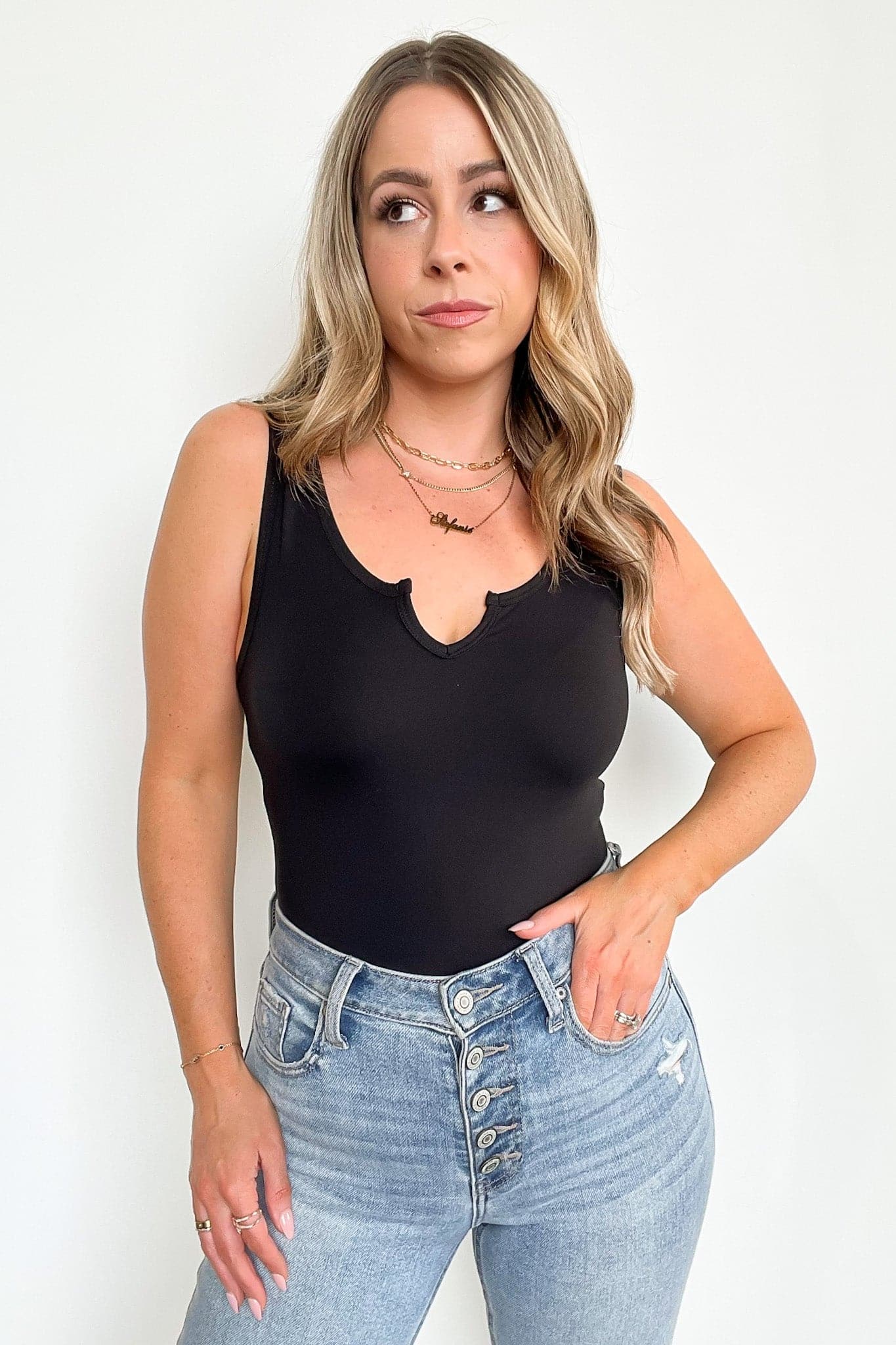 Black / S Clarette Notched Neck Bodysuit - Madison and Mallory