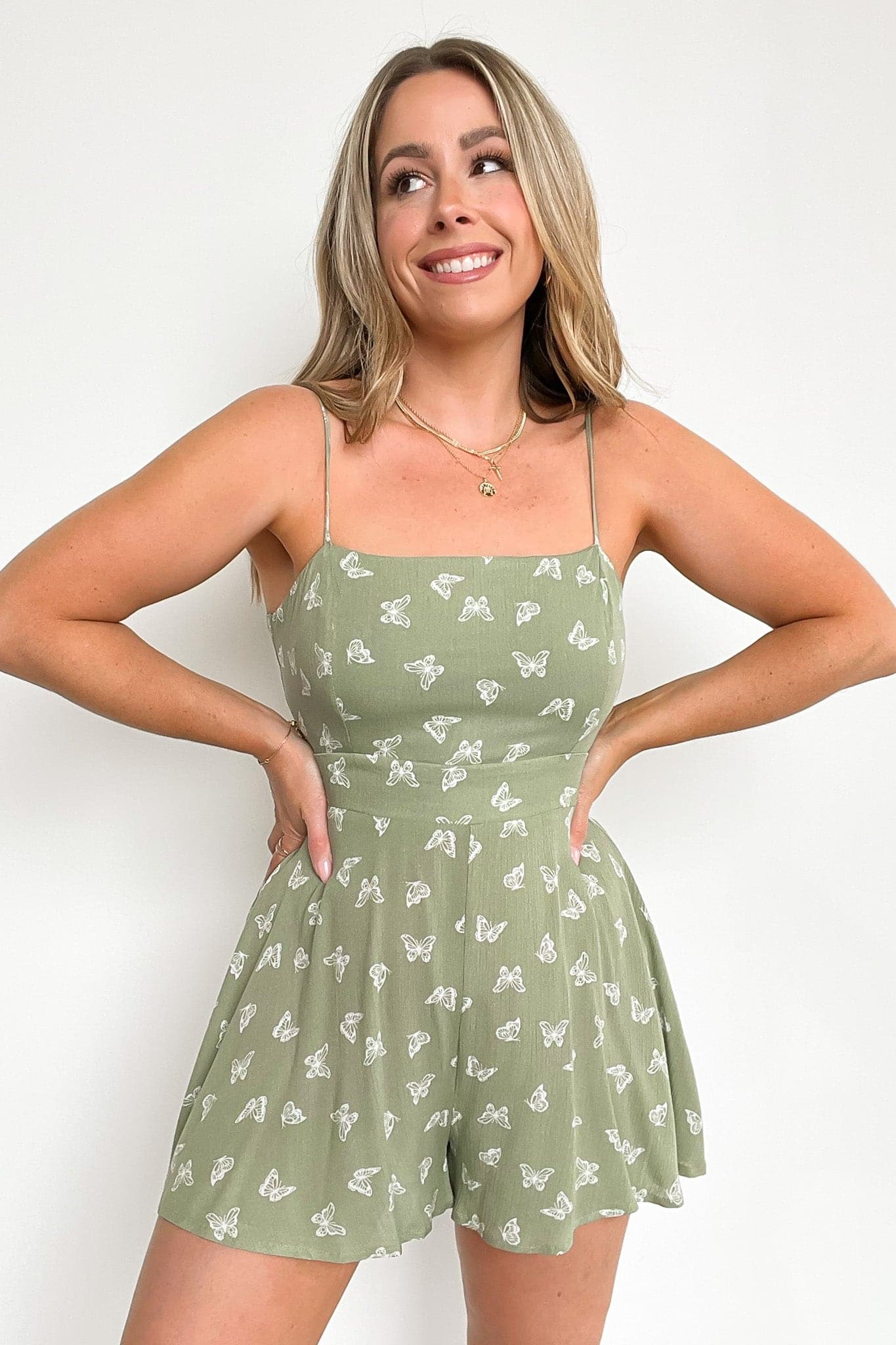 Sage / S Clear Skies Butterfly Tie Back Romper - FINAL SALE - Madison and Mallory