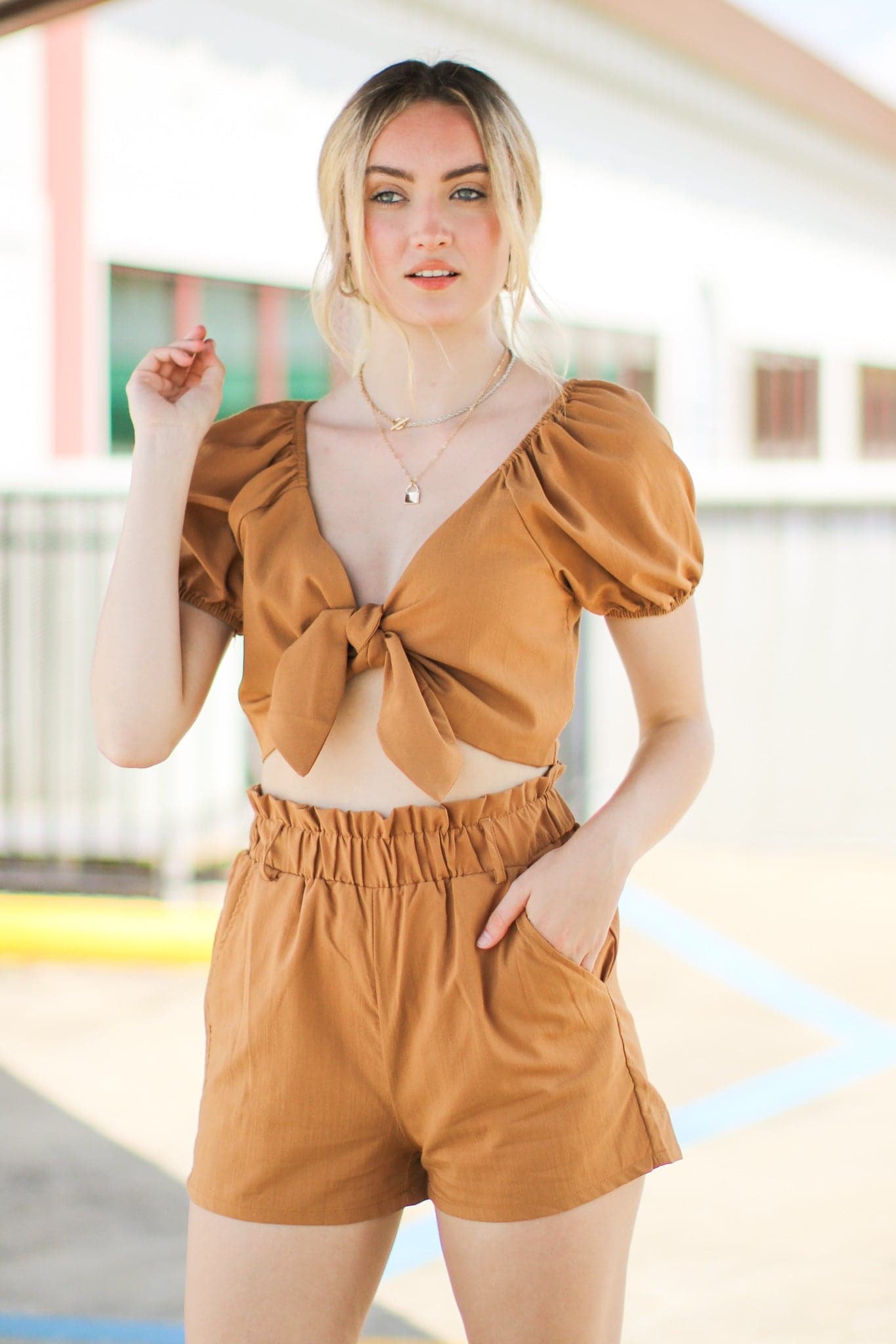 S / Brown Come Drift Away Tie Front Ruffle Top and Shorts Set - FINAL SALE - Madison and Mallory