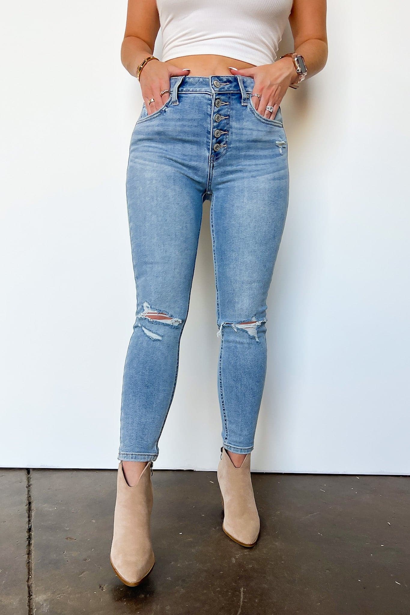 0 / Medium Wash Dalarie High Rise Distressed Skinny Jeans - BACK IN STOCK - Madison and Mallory