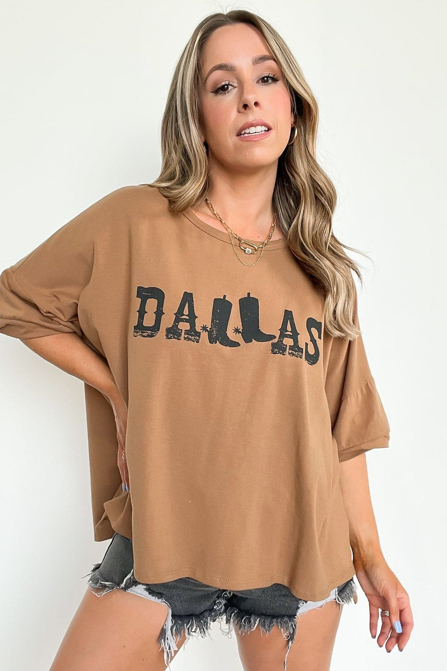 S / Camel Dallas Cowboy Boot Graphic Relaxed Tee - FINAL SALE - Madison and Mallory
