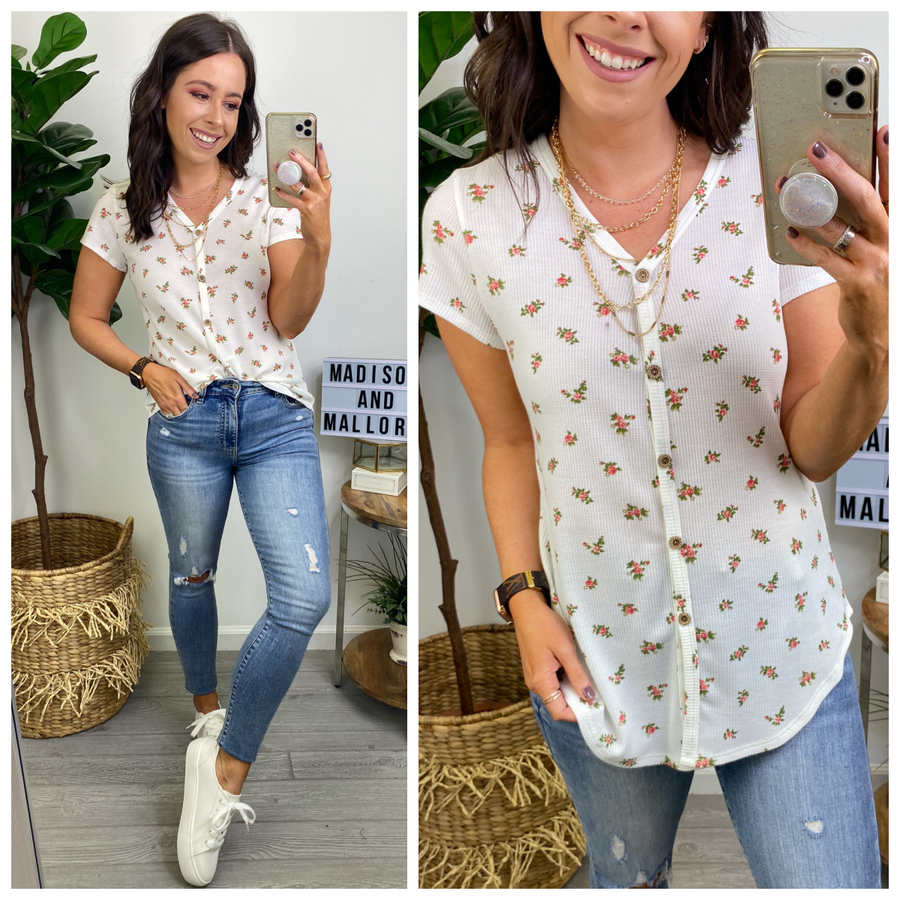 S / Ivory Day Date Floral Print Button Top - FINAL SALE - Madison and Mallory