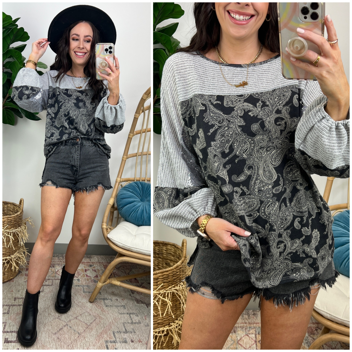  Dehaina Paisley Sequin Contrast Top - Madison and Mallory