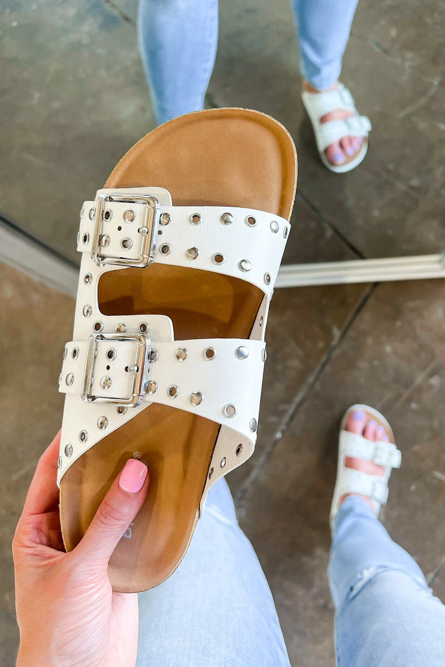 5 / White Dilone Studded Strappy Footbed Sandals - FINAL SALE - Madison and Mallory
