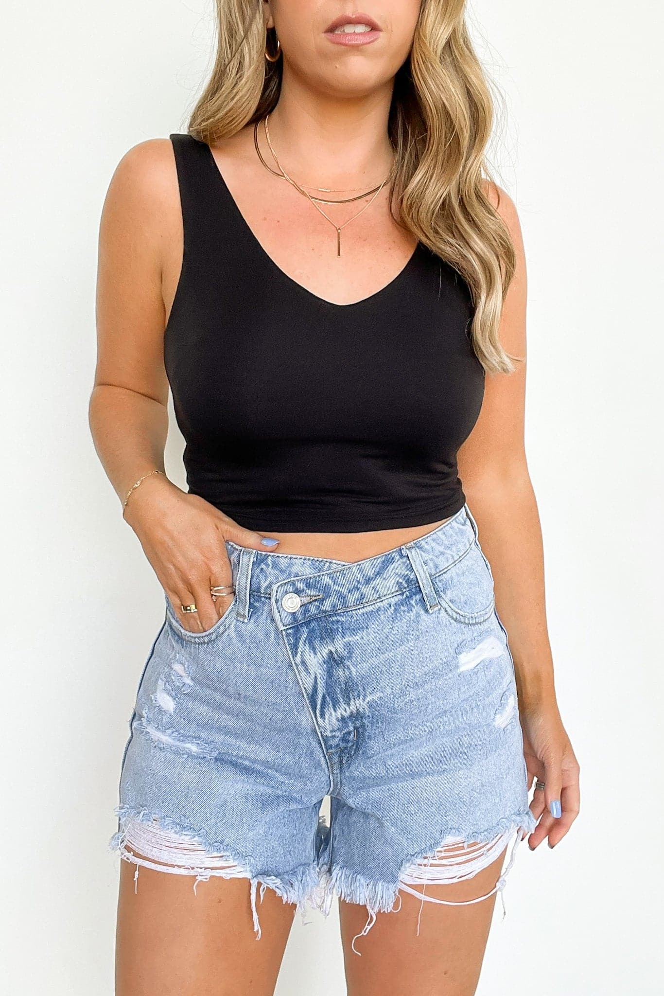 XS / Sky Light Drifted Criss Cross Waistband High Rise Distressed Shorts - FINAL SALE - Madison and Mallory