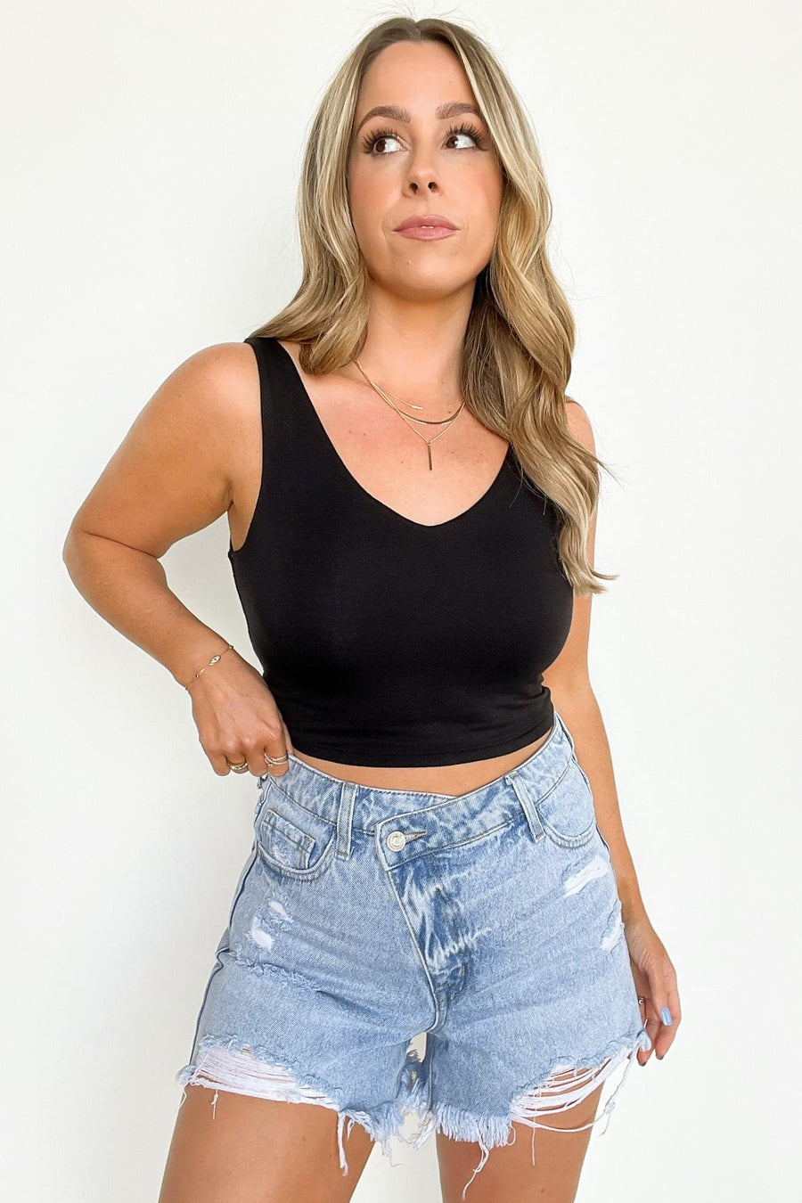  Drifted Criss Cross Waistband High Rise Distressed Shorts - FINAL SALE - Madison and Mallory
