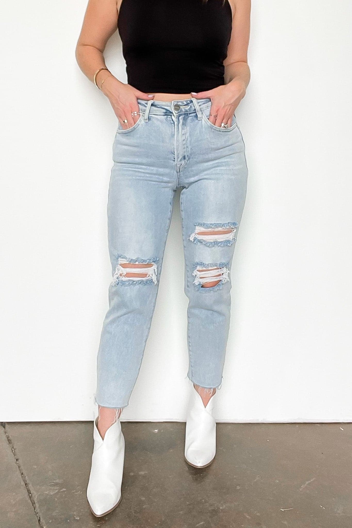 1 / Light Dustin High Rise Distressed Boyfriend Jeans - Madison and Mallory