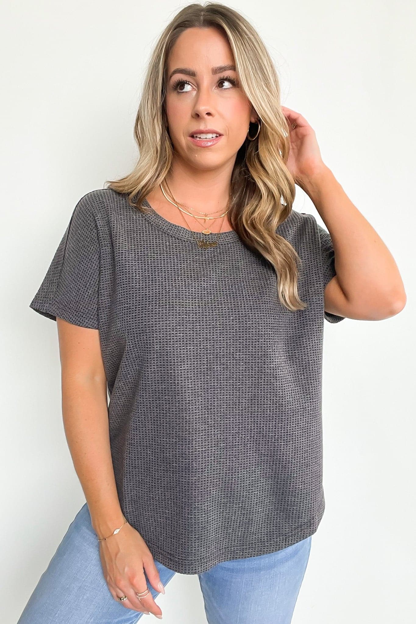 Gray / S Eldorah Waffle Knit Short Sleeve Relaxed Top - Madison and Mallory