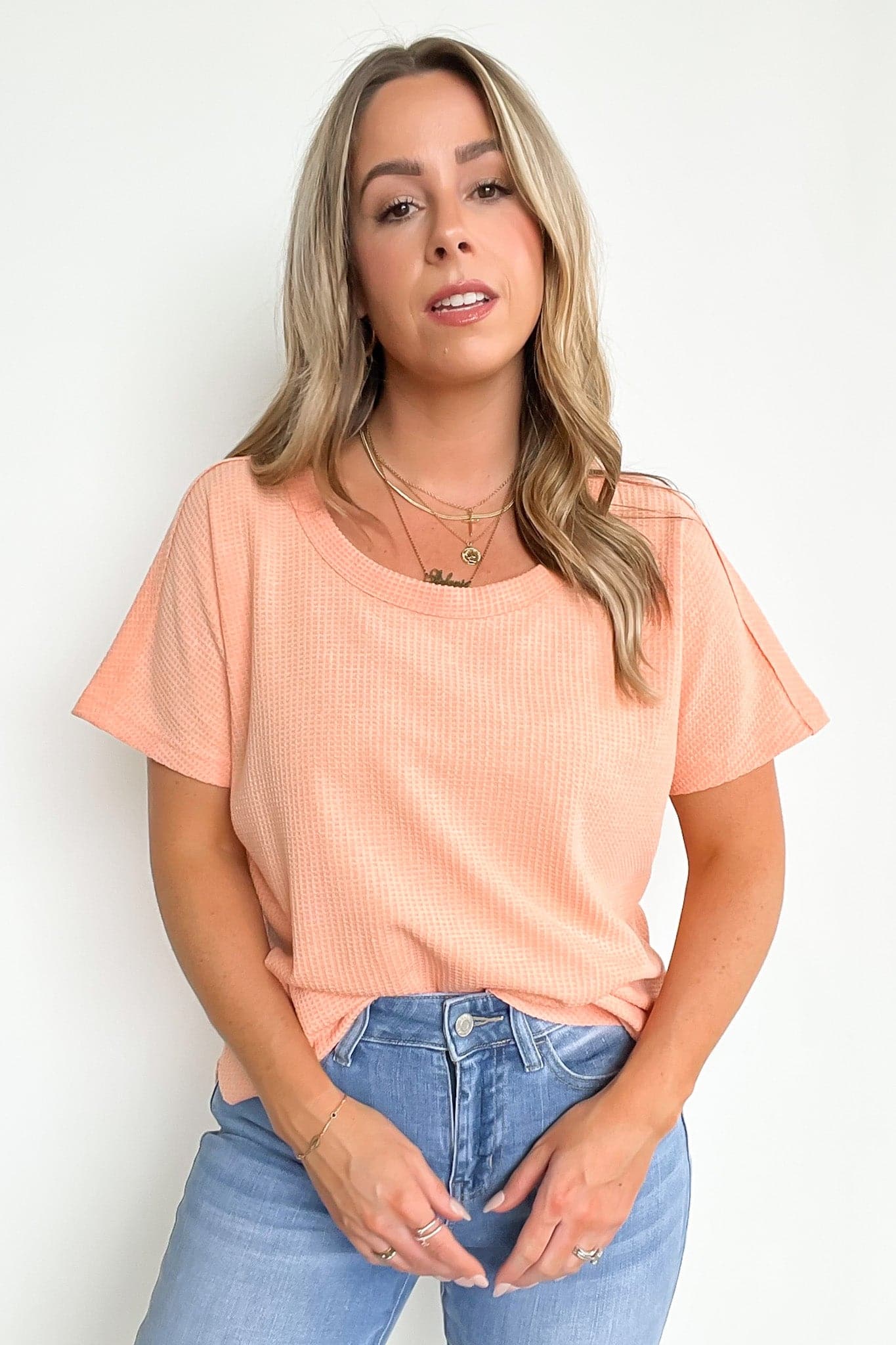 Apricot / S Eldorah Waffle Knit Short Sleeve Relaxed Top - Madison and Mallory