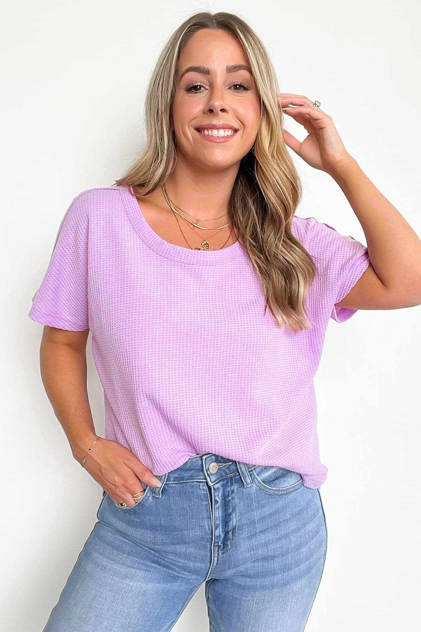  Eldorah Waffle Knit Short Sleeve Relaxed Top - Madison and Mallory