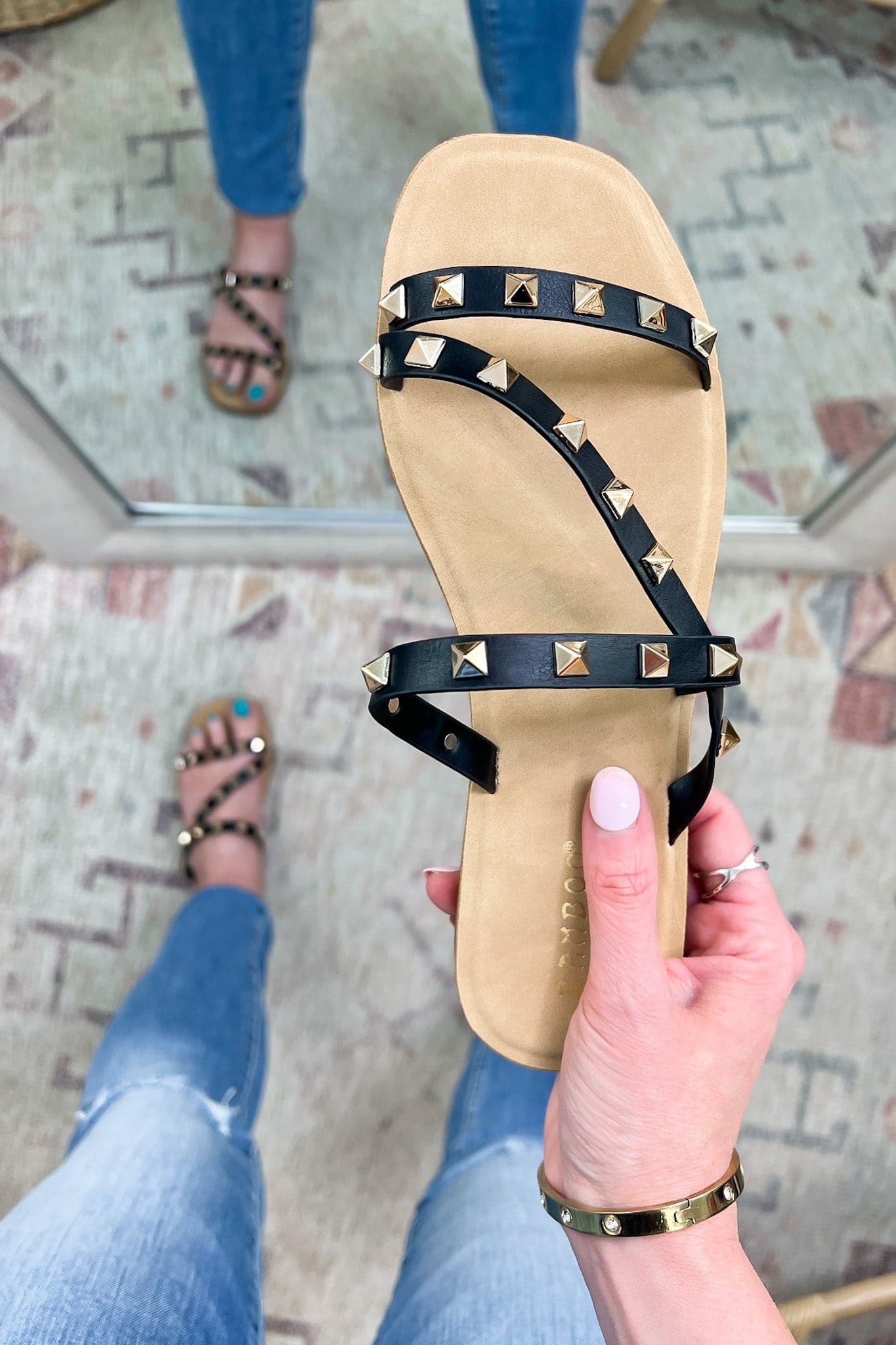 Black / 5.5 Embellished Edge Strappy Studded Sandals - FINAL SALE - Madison and Mallory