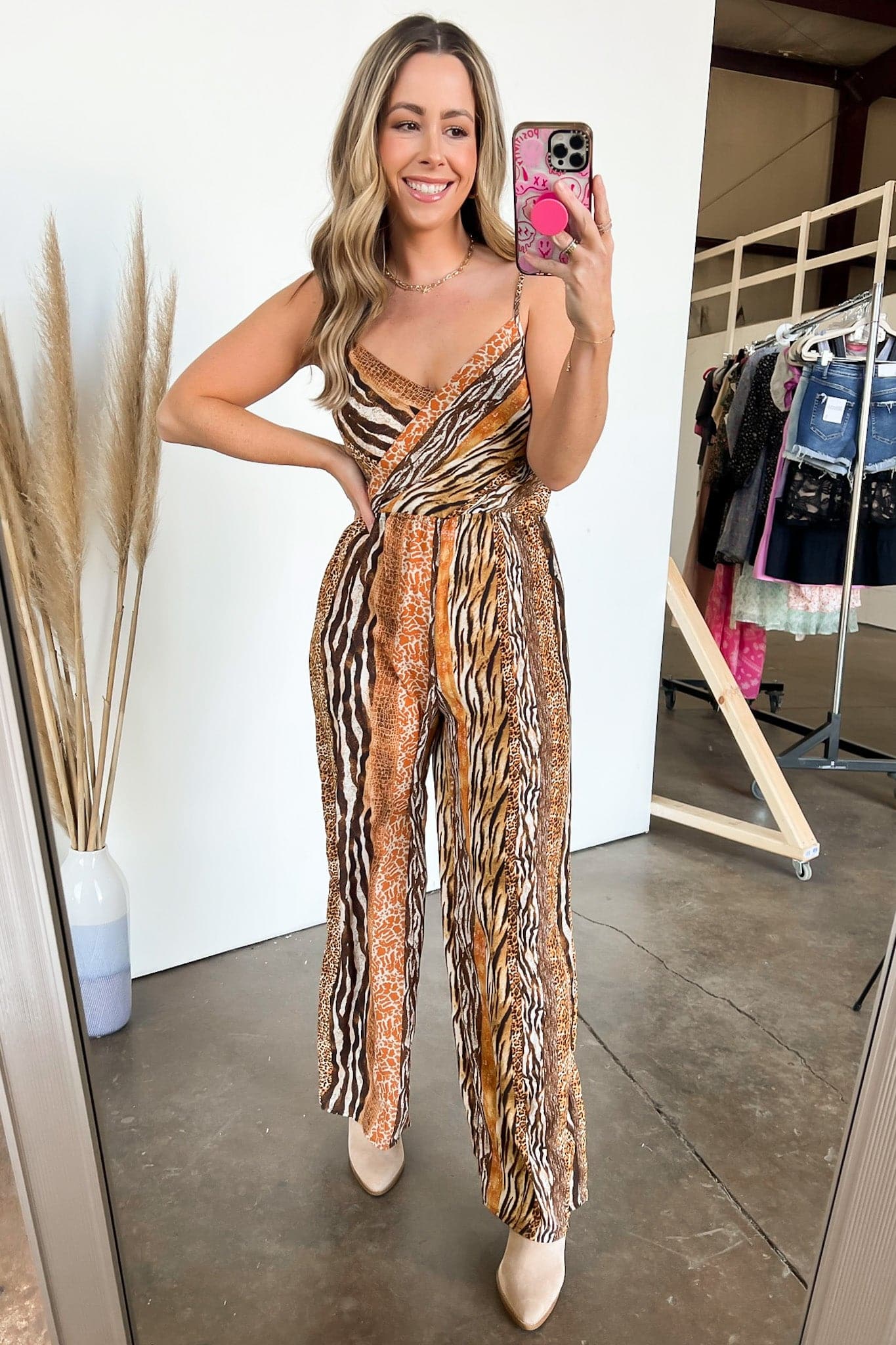 S / Brown Enjoy the Show Surplice Animal Print Jumpsuit - FINAL SALE - Madison and Mallory