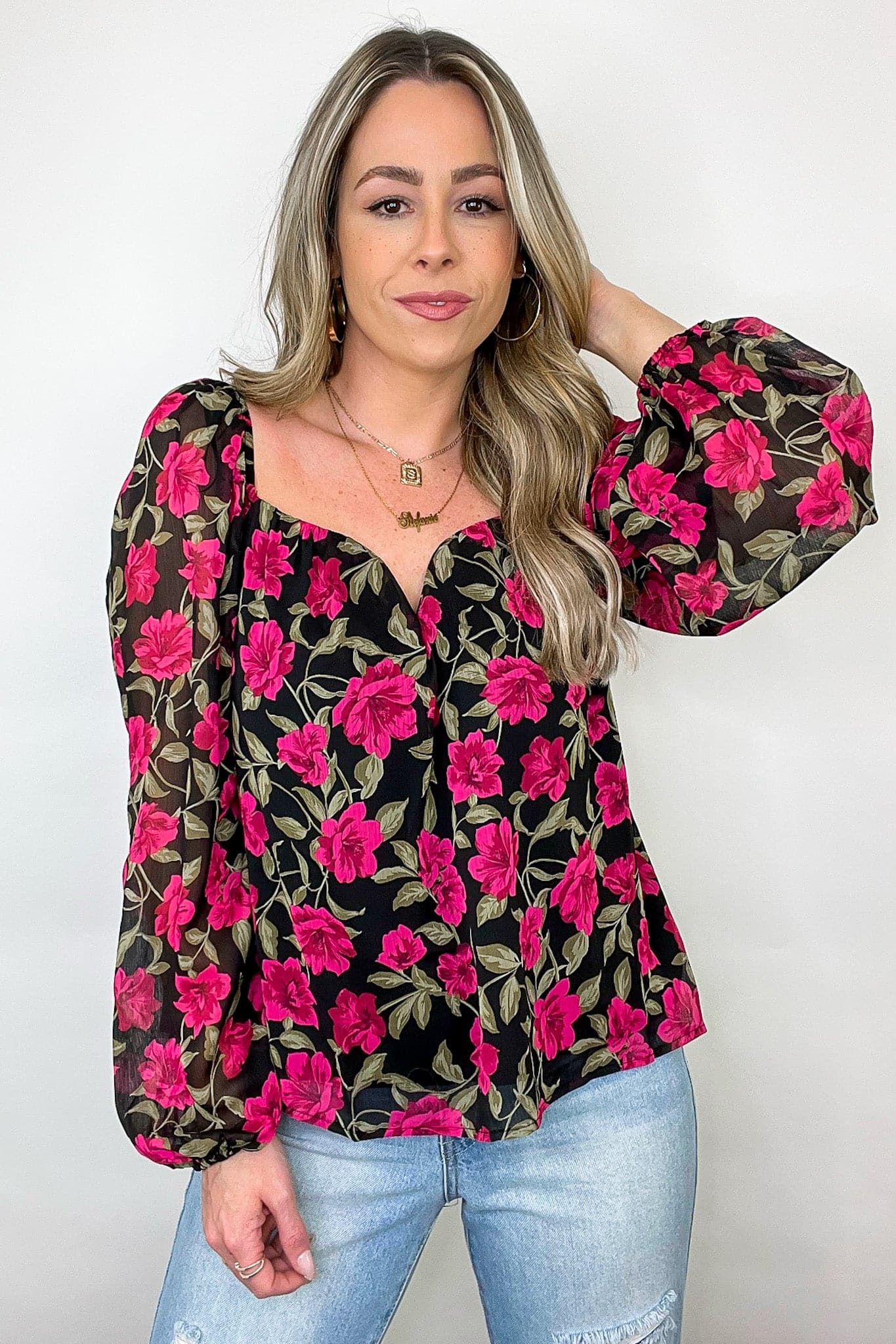 S / Fuchsia Enticing Energy Floral Sweetheart Top - BACK IN STOCK - Madison and Mallory