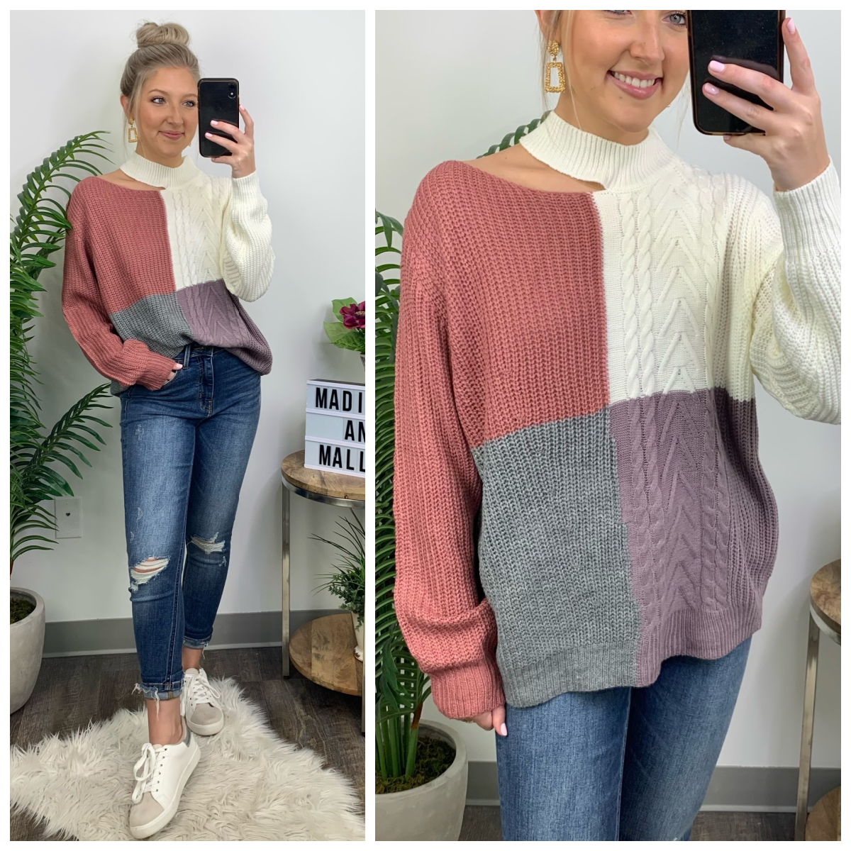  Evia Cutout Color Block Sweater - Madison and Mallory