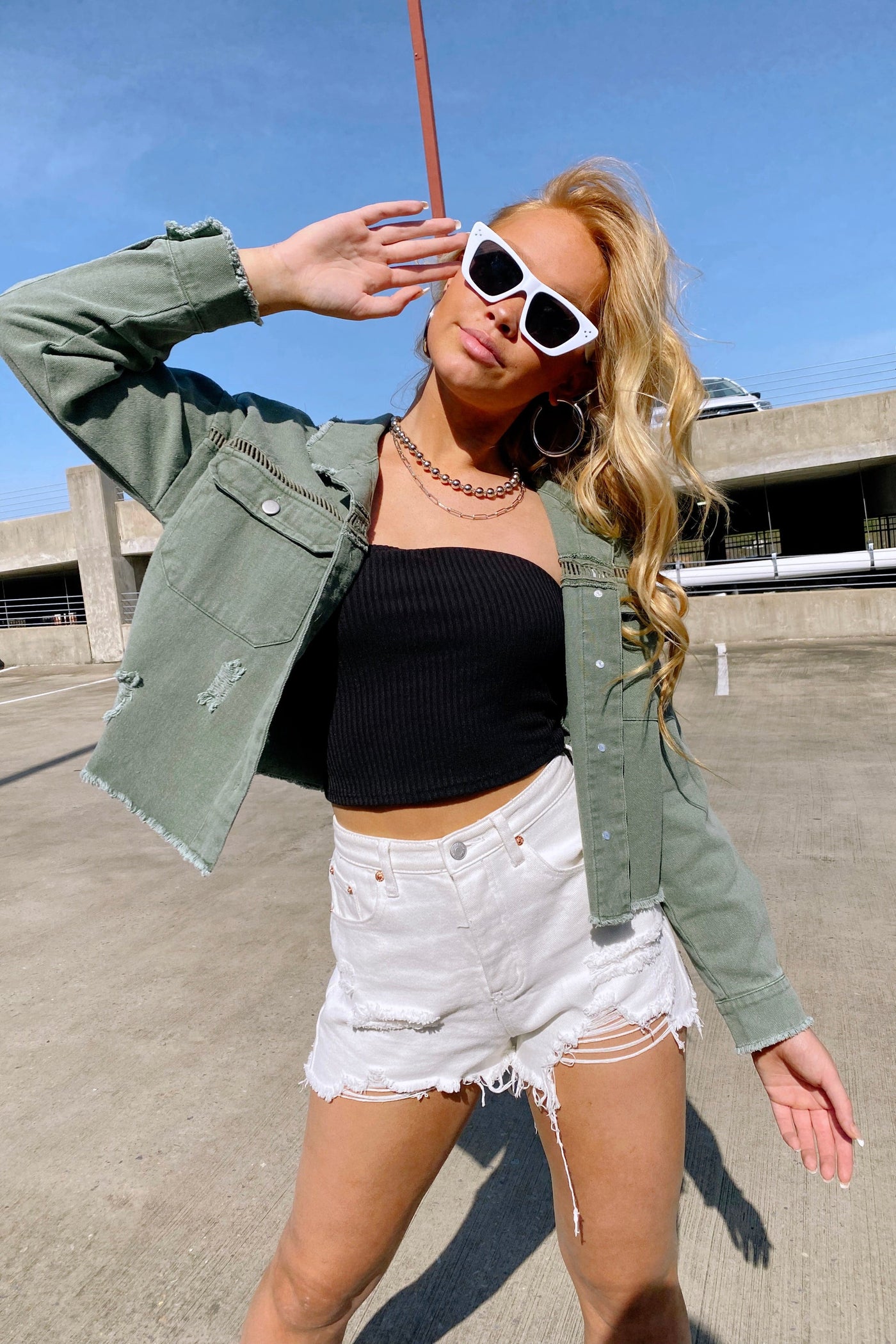 S / Light Olive Excel Distressed Embroidered Crop Jacket - Madison and Mallory