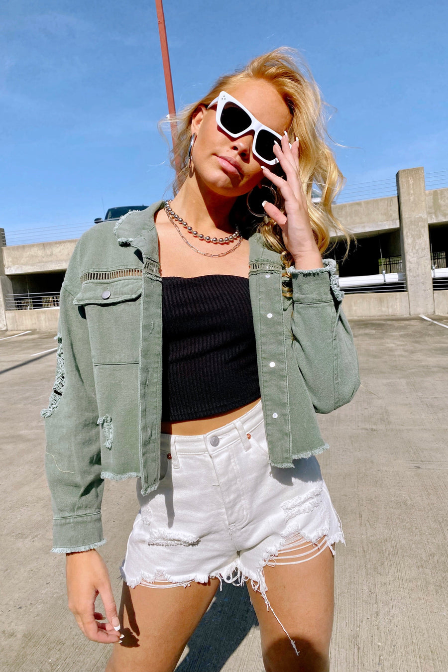  Excel Distressed Embroidered Crop Jacket - FINAL SALE - Madison and Mallory