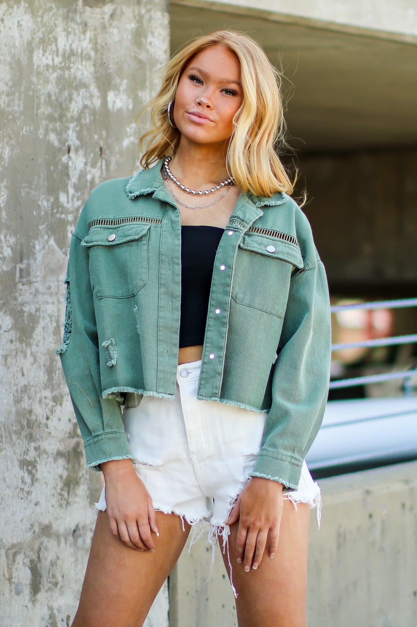  Excel Distressed Embroidered Crop Jacket - Madison and Mallory