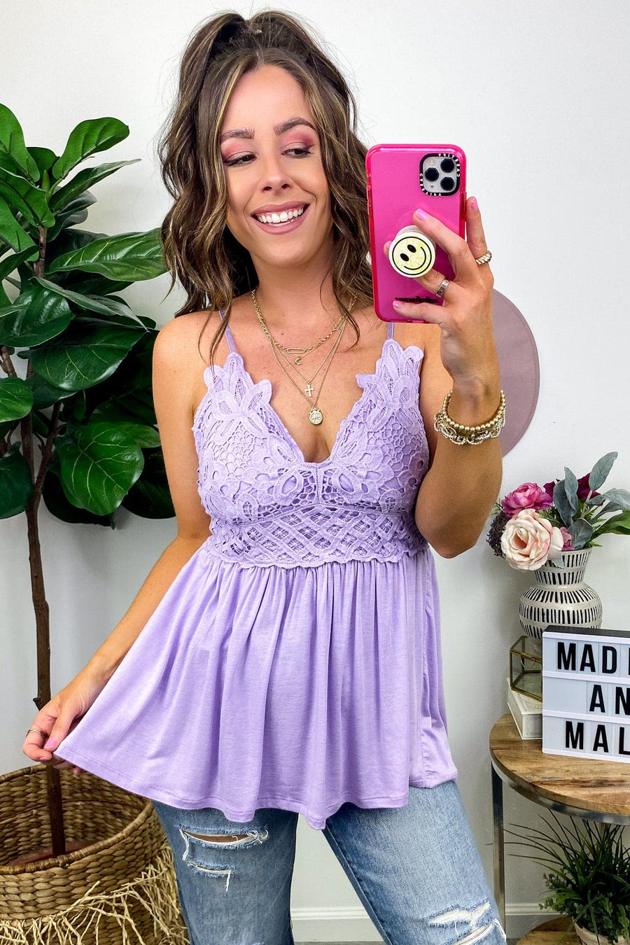 Lavender / S Destined for Love Flowy Lace Detail Top - FINAL SALE - Madison and Mallory