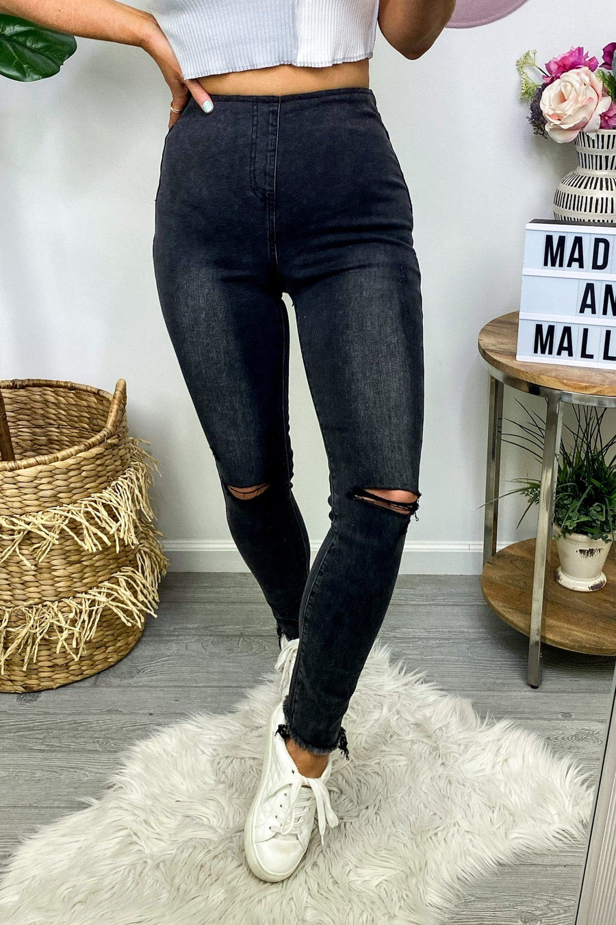 S / Dark Gray Barden Pull On Distressed Skinny Jeans - FINAL SALE - Madison and Mallory