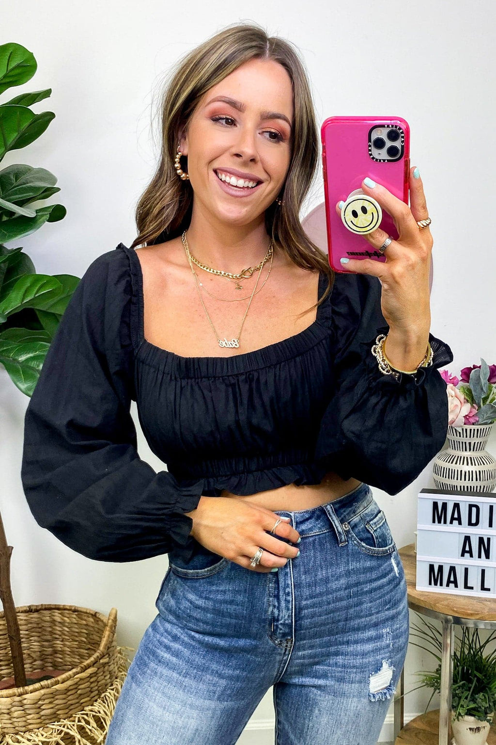 Black / S Eclectic Charm Square Neck Ruffle Crop Top - FINAL SALE - Madison and Mallory