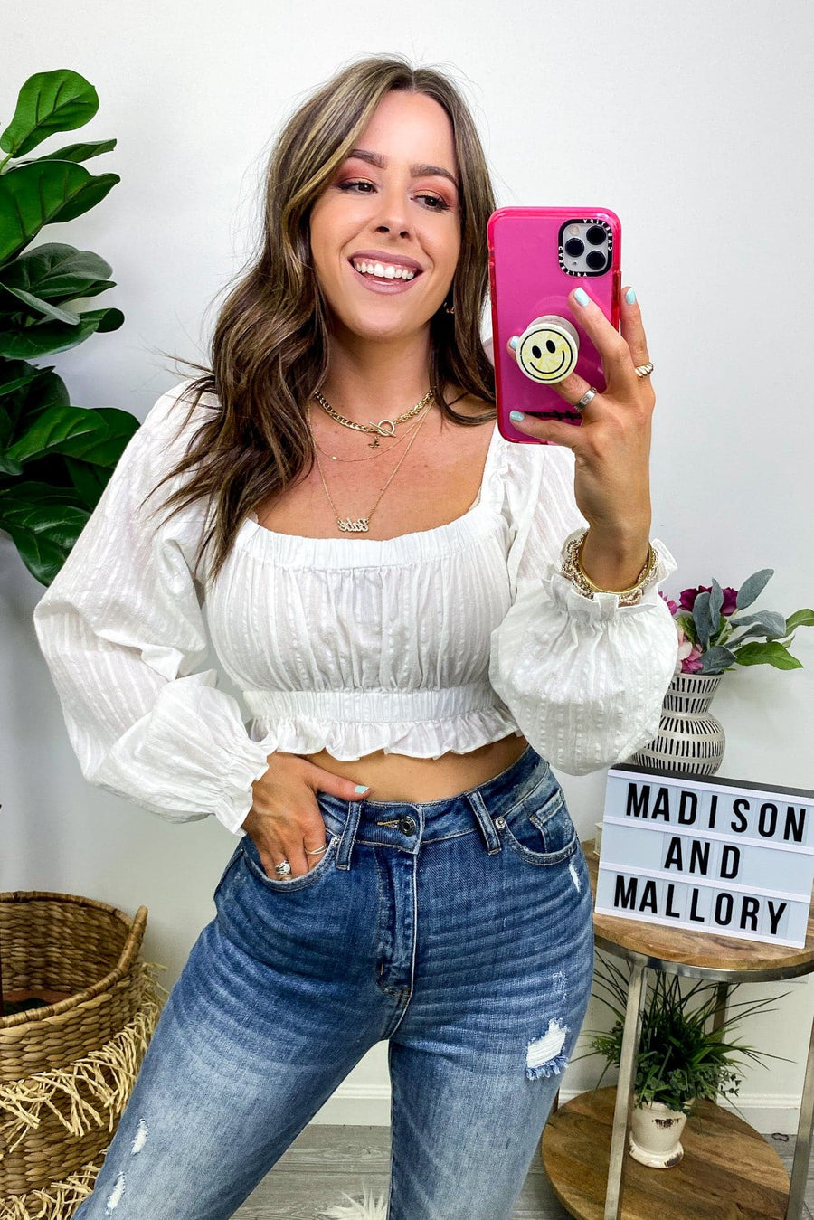 White / S Eclectic Charm Square Neck Ruffle Crop Top - FINAL SALE - Madison and Mallory