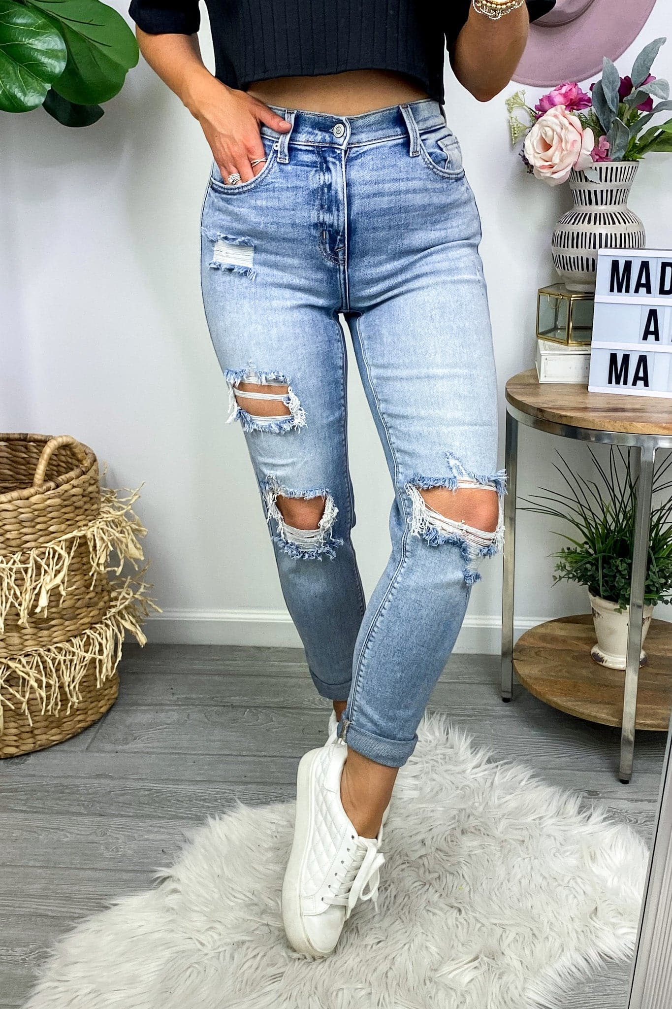0 / Medium Wash Practice Makes Perfect Distressed Boyfriend Jeans - BACK IN STOCK - Madison and Mallory