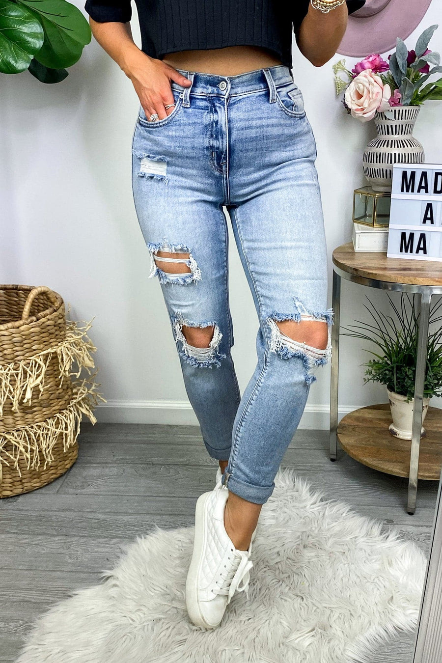 0 / Medium Wash Practice Makes Perfect Distressed Boyfriend Jeans - FINAL SALE - Madison and Mallory