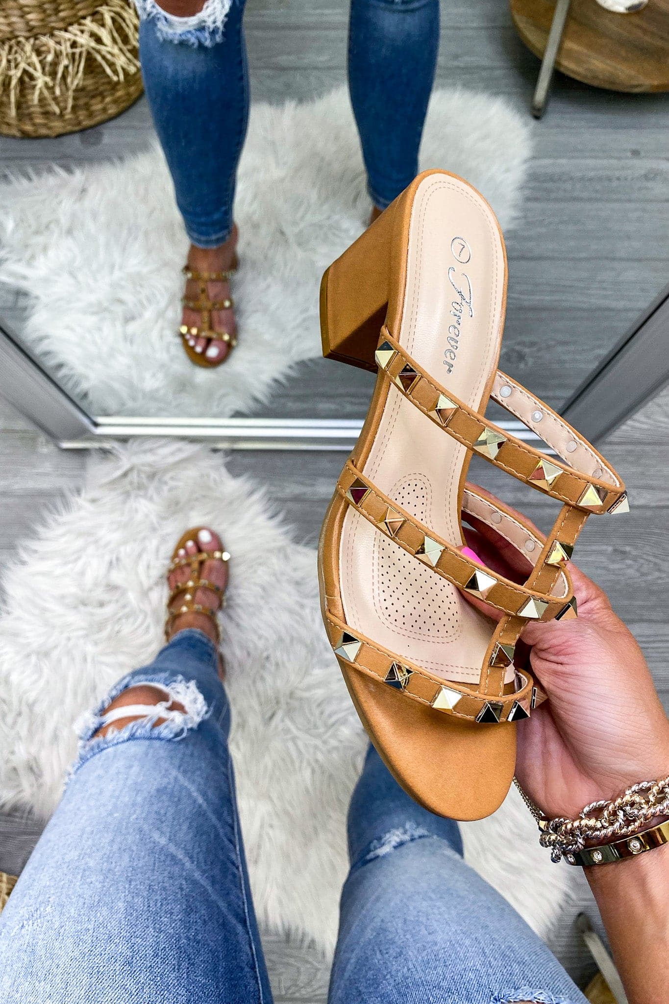 Tan / 5 Trance Studded Heeled Sandals - FINAL SALE - Madison and Mallory
