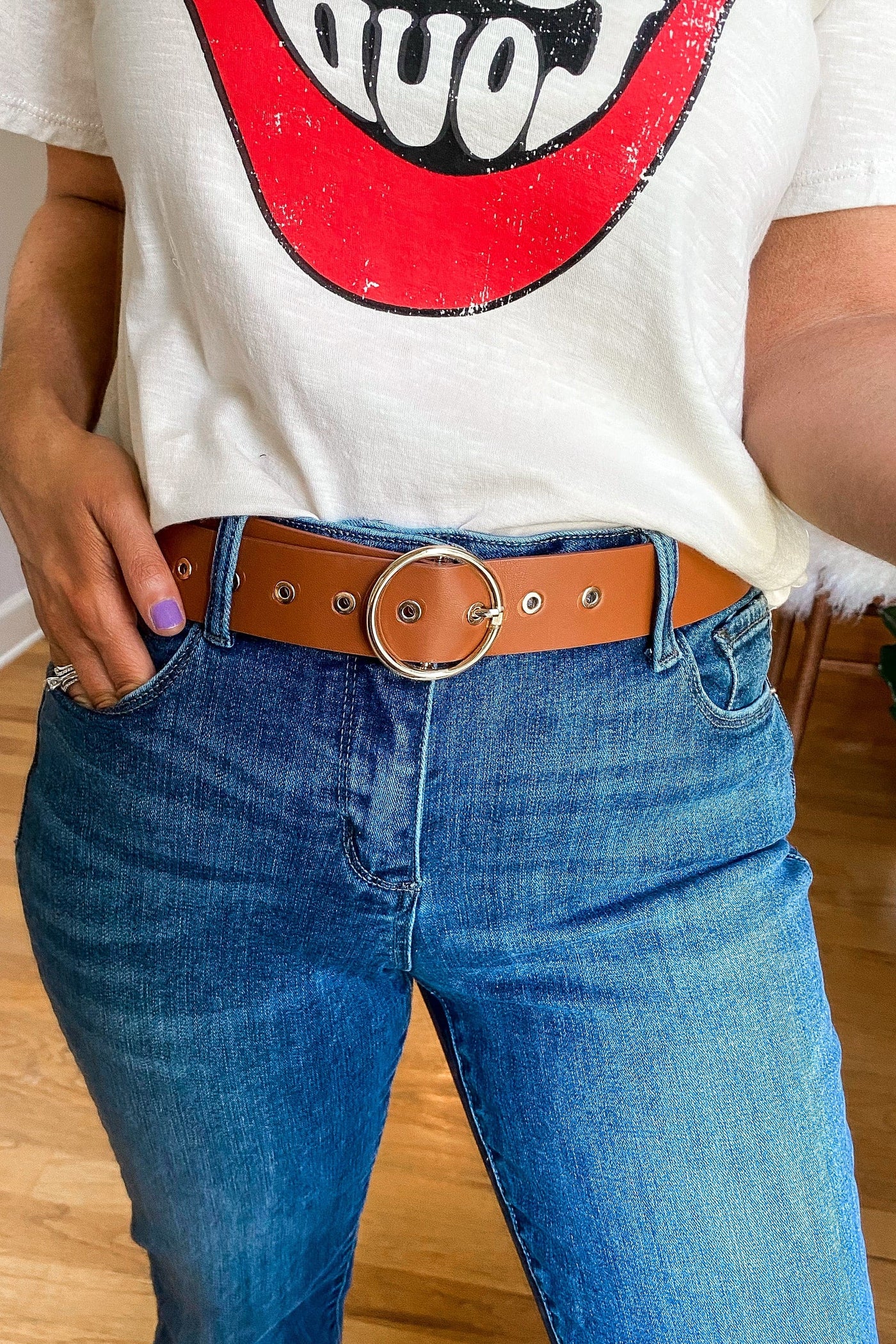 Cognac / OS Round Up Circle Buckle Belt - FINAL SALE - Madison and Mallory