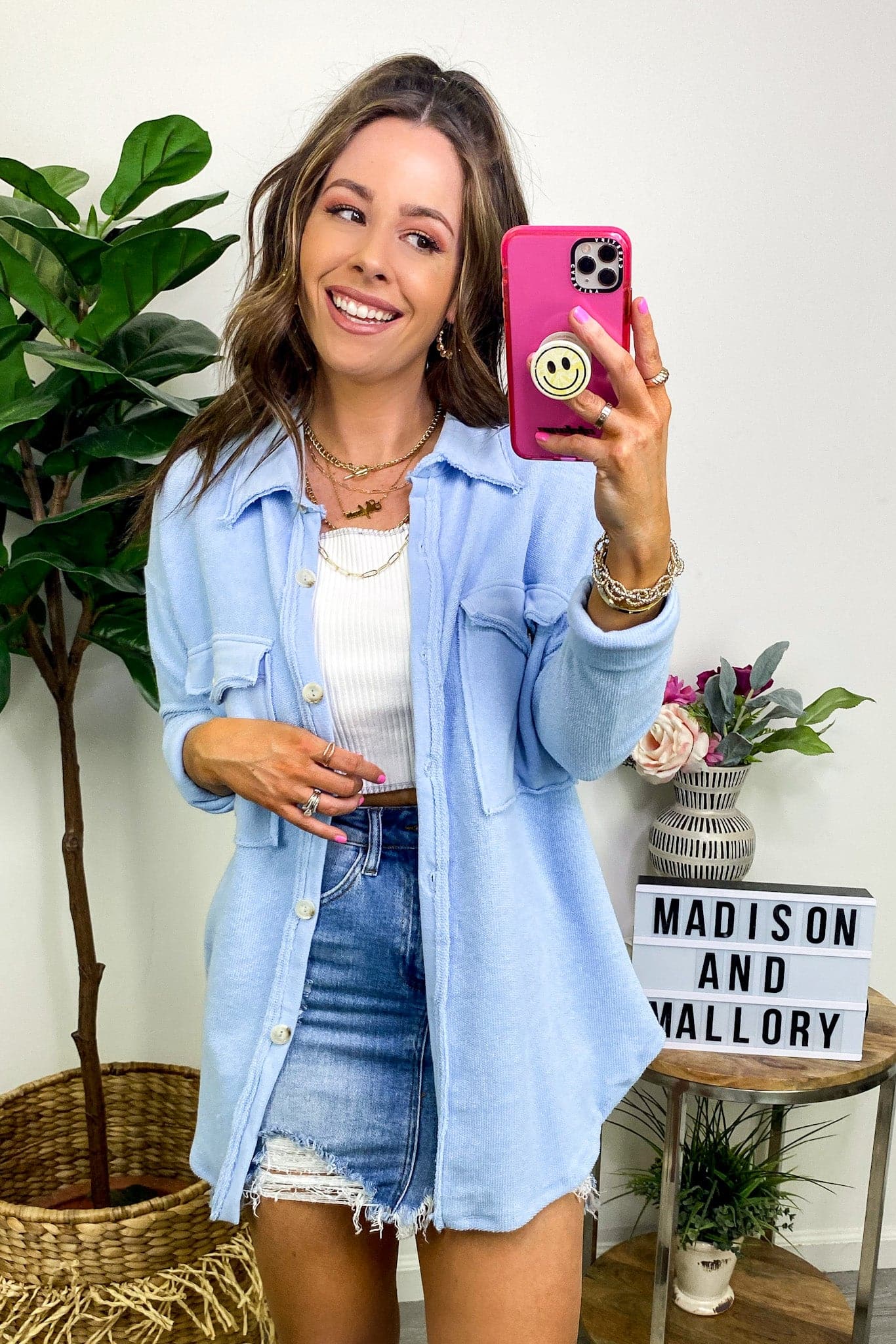 Light Blue / S Staple Style Raw Edge Relaxed Fit Shacket - FINAL SALE - Madison and Mallory