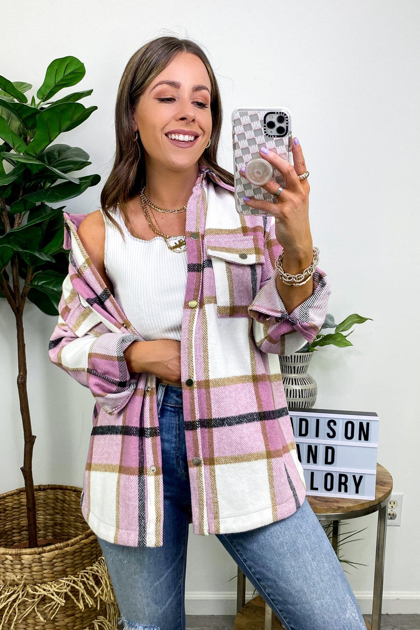 Glance Your Way Plaid Button Down Shacket - PINK - FINAL SALE - Madison and Mallory