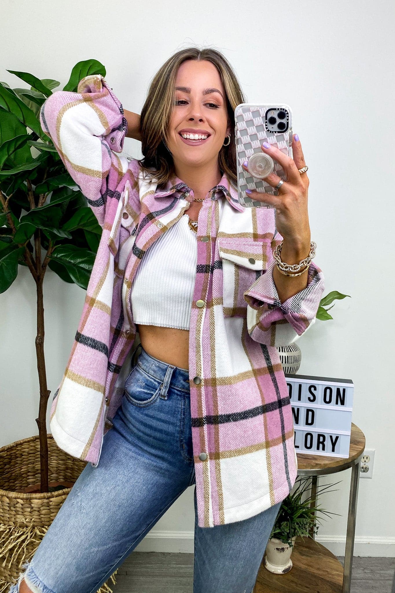 Pink / XS Glance Your Way Plaid Button Down Shacket - PINK - FINAL SALE - Madison and Mallory