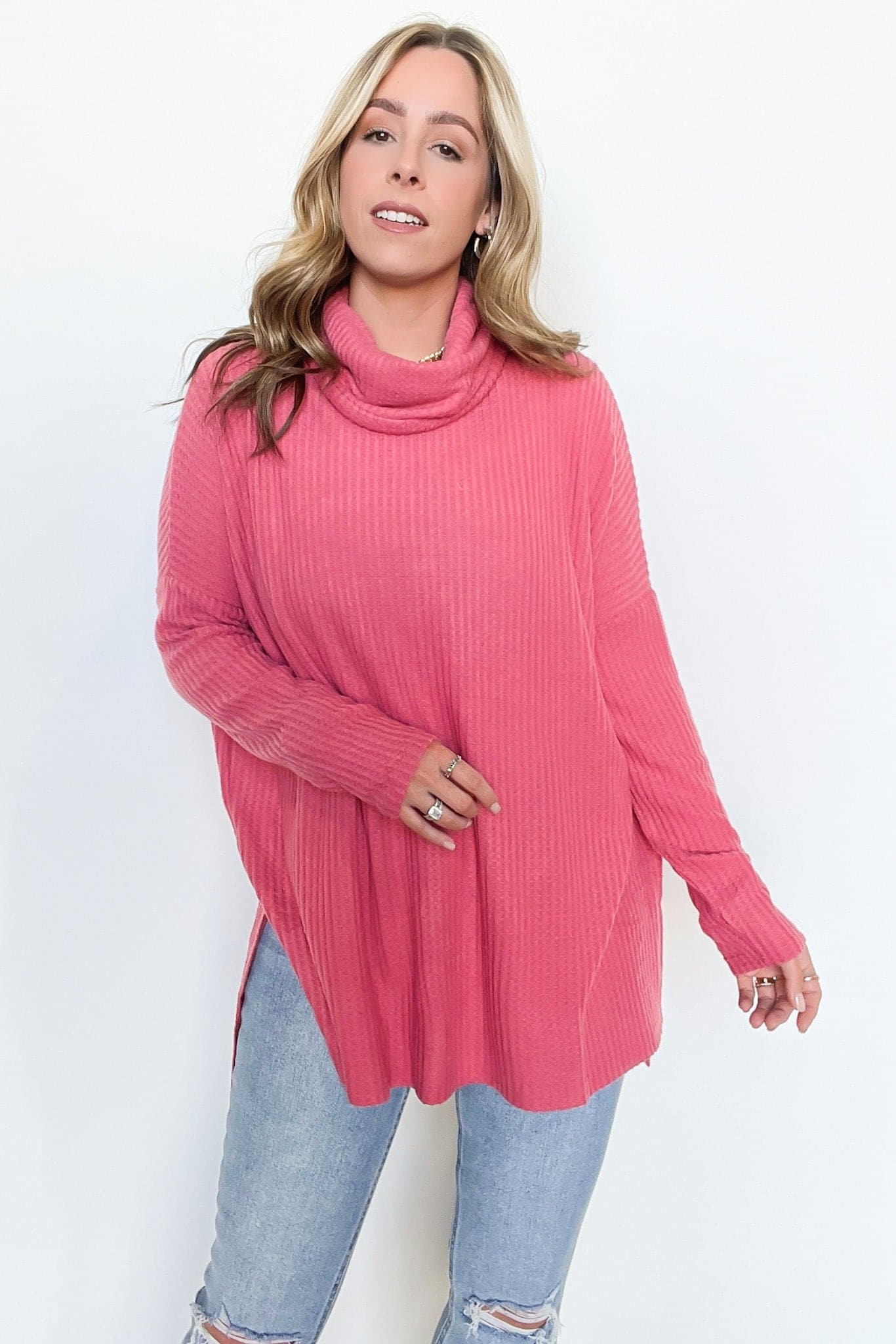 Desert Rose / S New Energy Waffle Knit Cowl Neck Top - Madison and Mallory