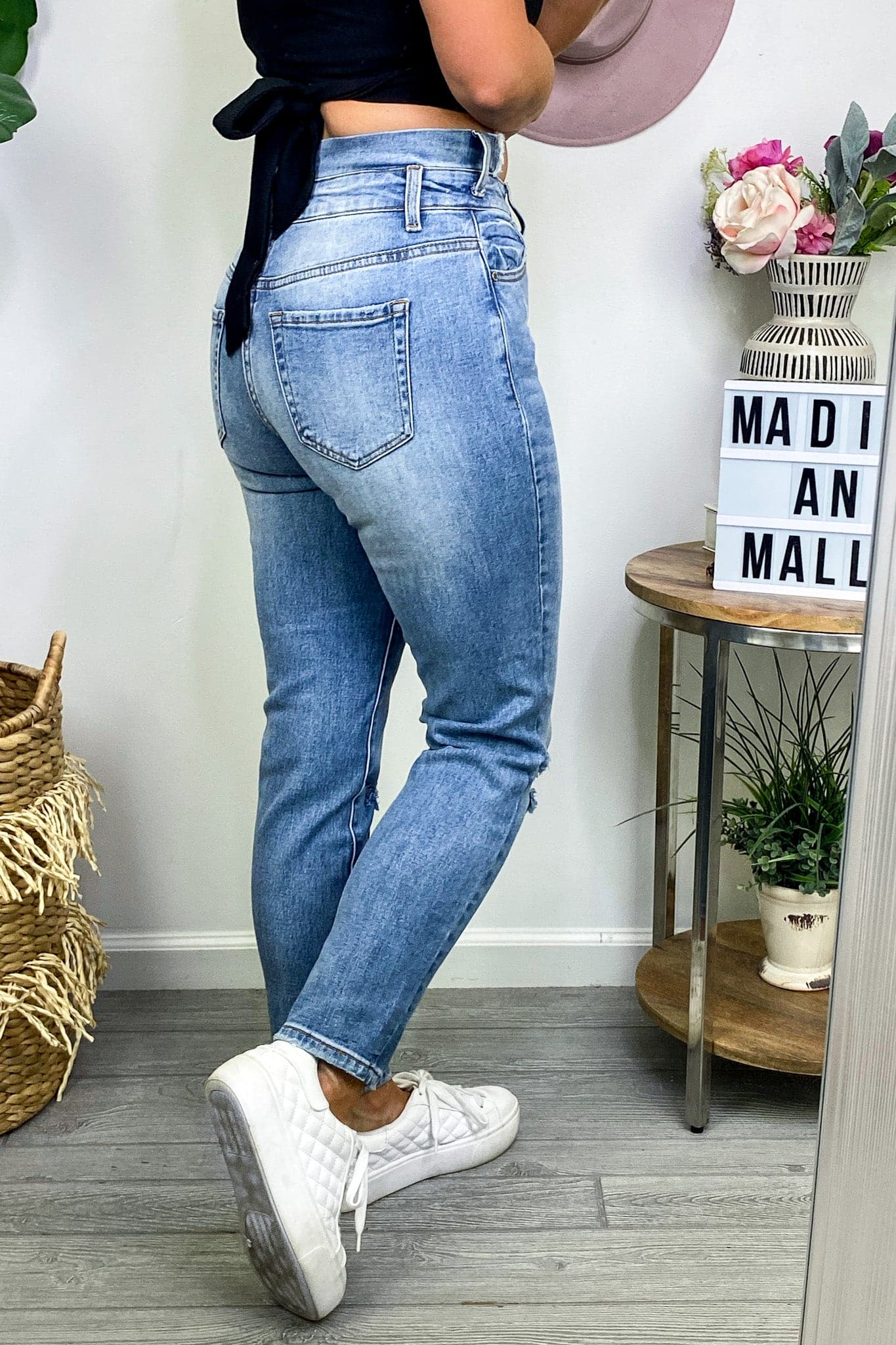  Harlee Uneven Waistband Distressed Boyfriend Jeans - Madison and Mallory