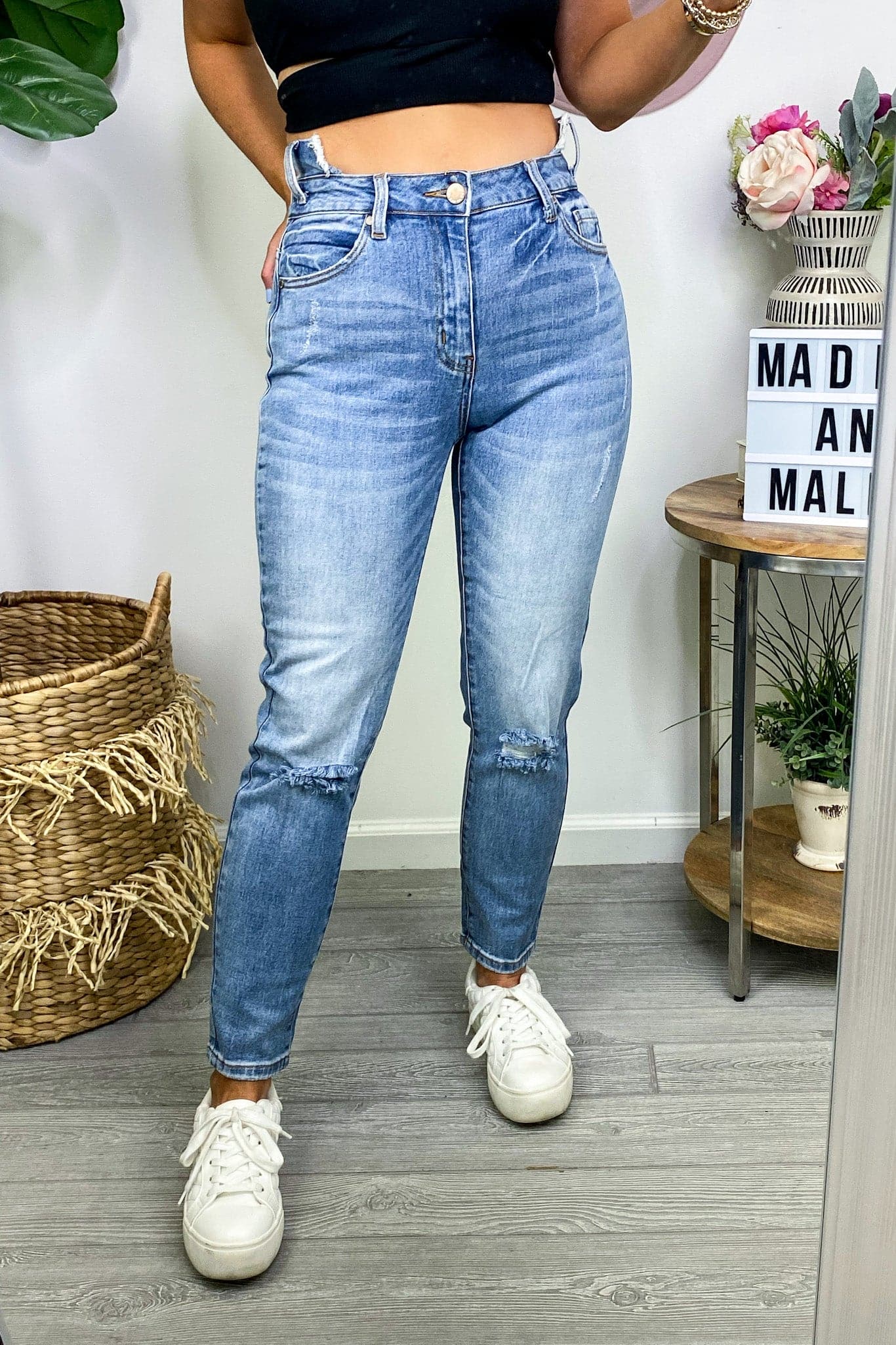 Harlee Uneven Waistband Distressed Boyfriend Jeans - Madison and Mallory