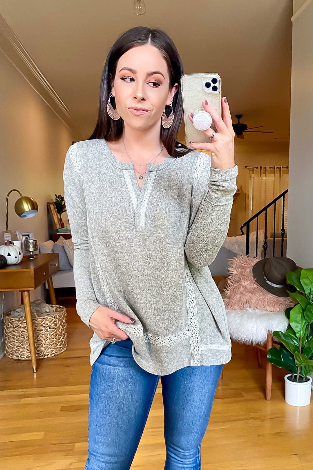 Gray / S Haywood Lace Accent Henley Top - FINAL SALE - Madison and Mallory