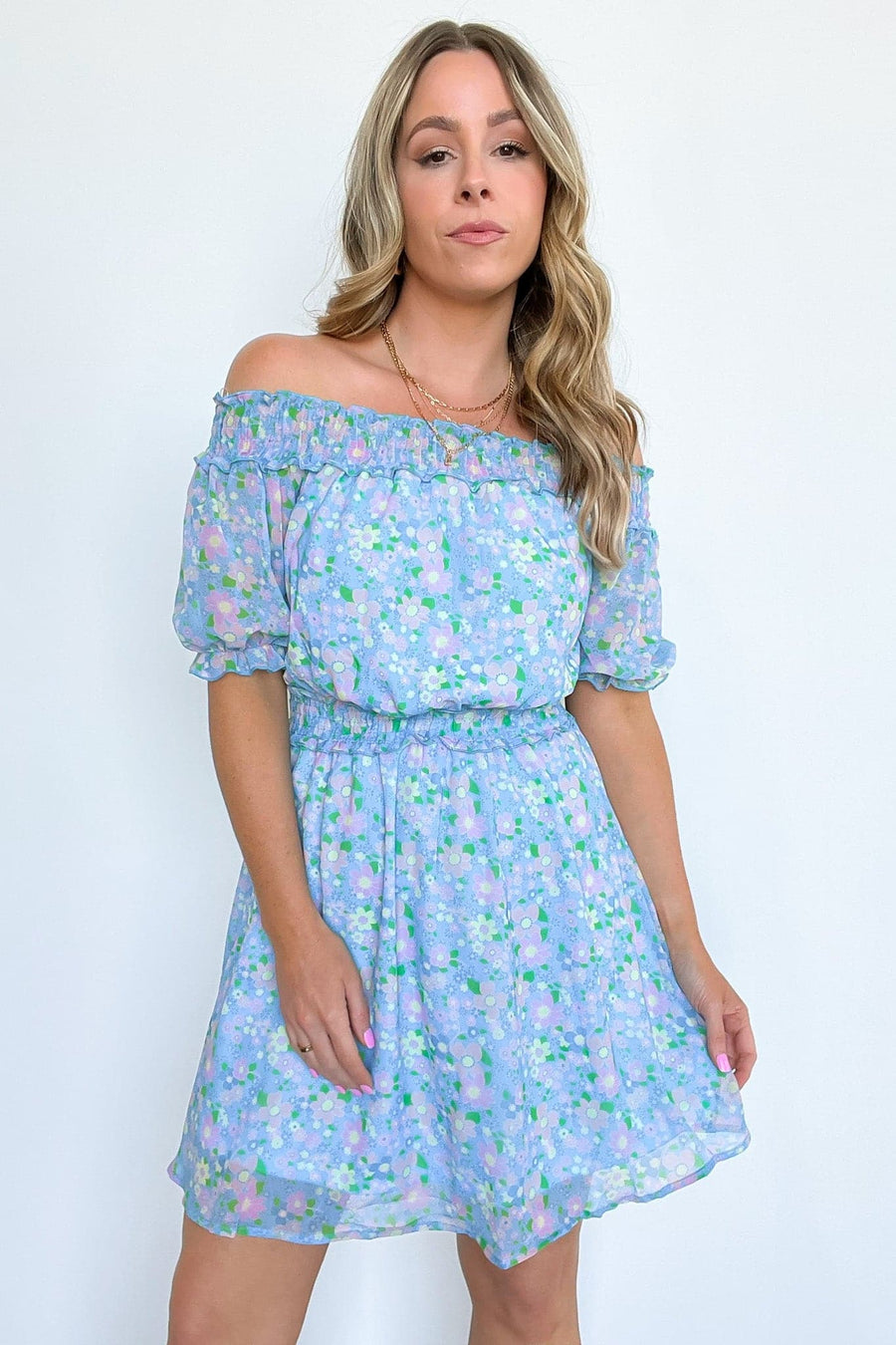 S / Blue Fit to Frolic Off Shoulder Smocked Floral Dress - FINAL SALE - Madison and Mallory