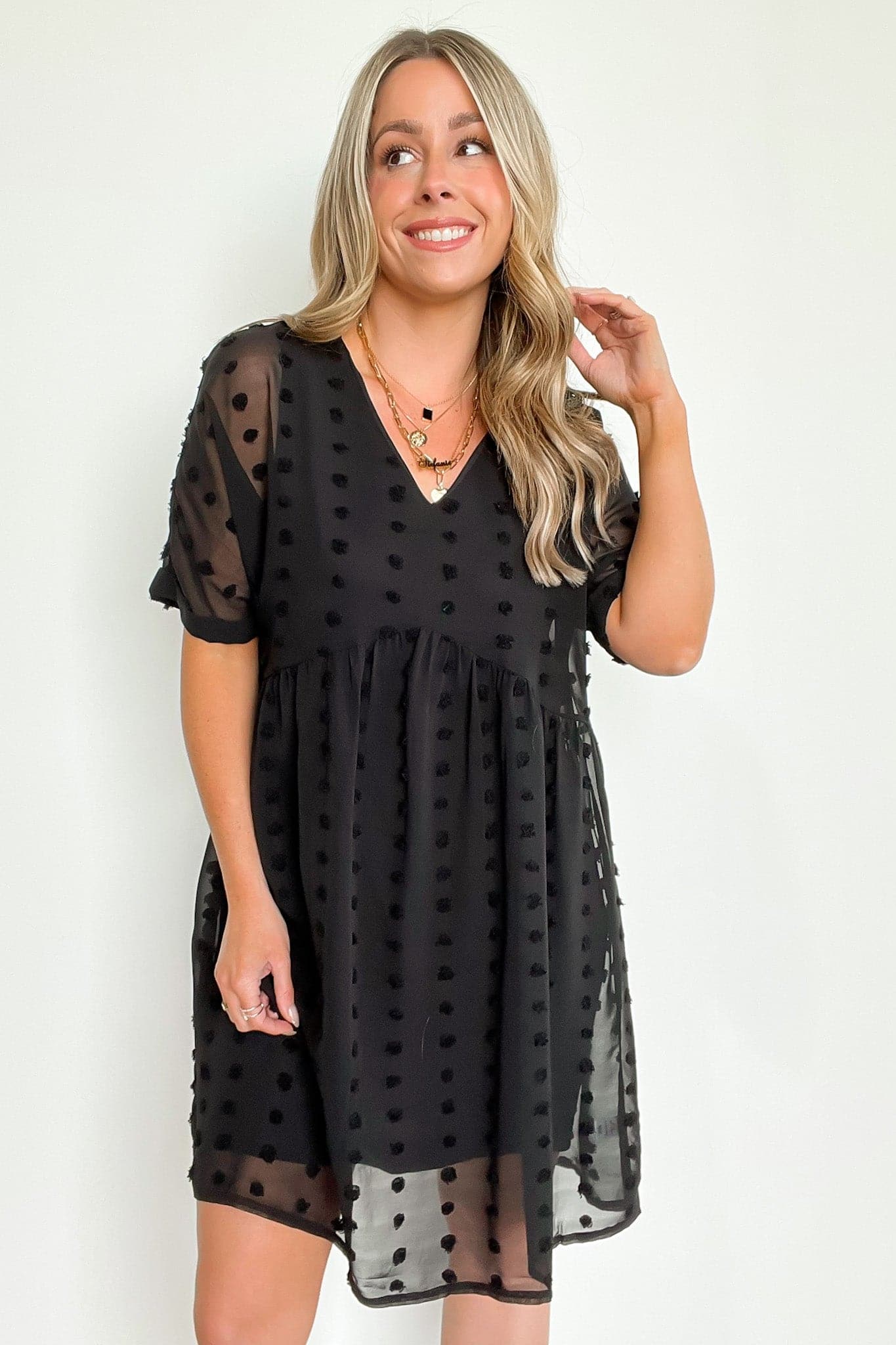 Black / S Flatter Much V-Neck Swiss Dot Dress | CURVE - BACK IN STOCK - Madison and Mallory