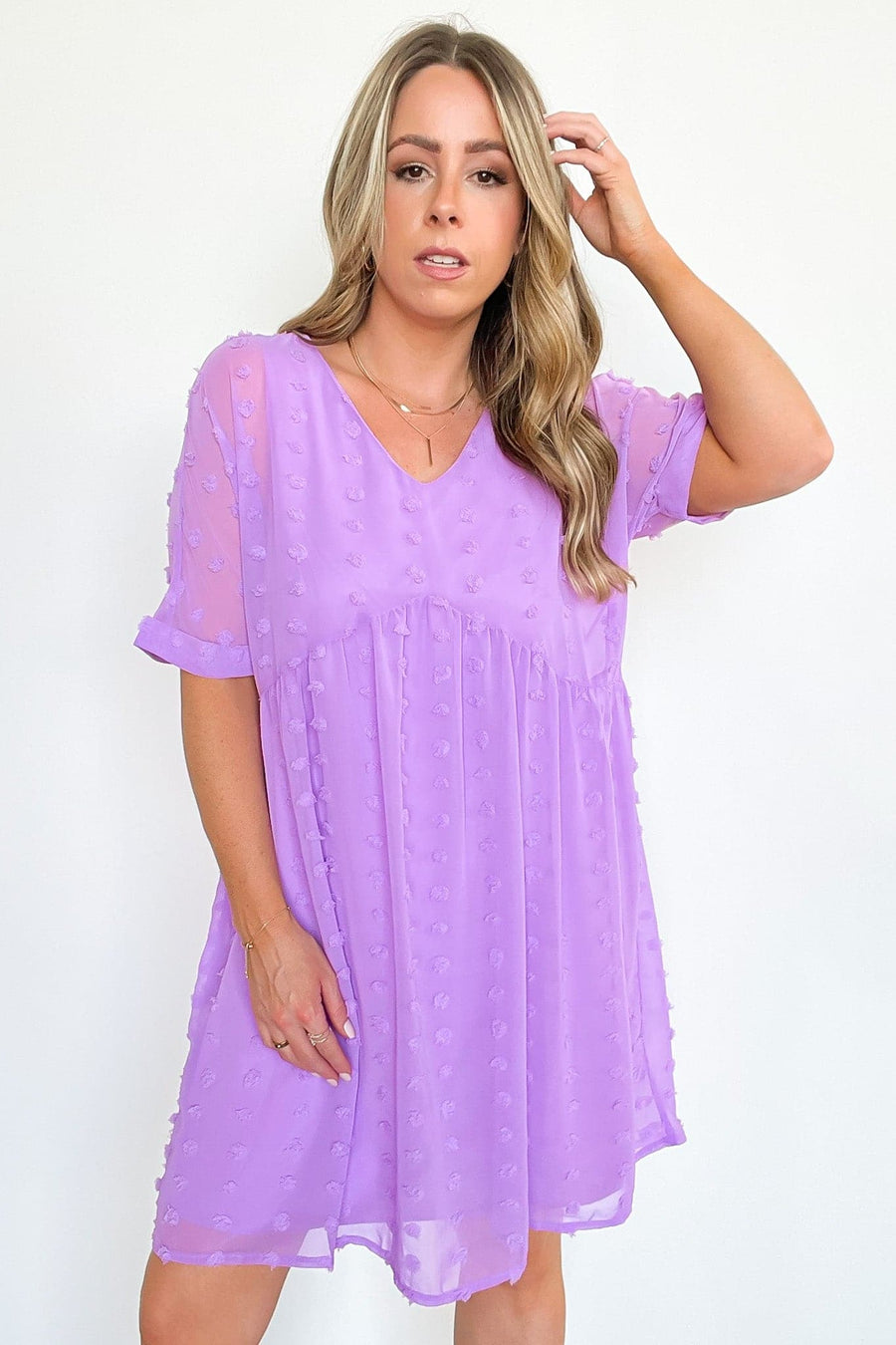 Bright Lavender / S Flatter Much V-Neck Swiss Dot Dress | CURVE - BACK IN STOCK - Madison and Mallory
